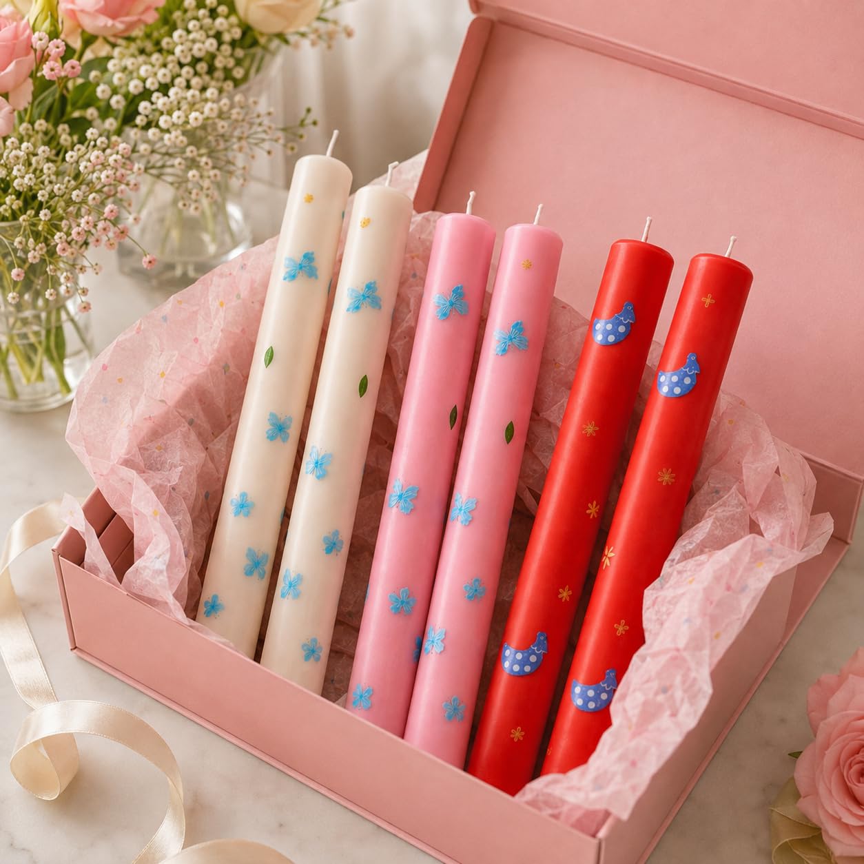 Gift Boxed Decorative Taper Candles Set of 6, Unscented Colourful Dinner Candles for Home Decor, Table Styling and Gifting