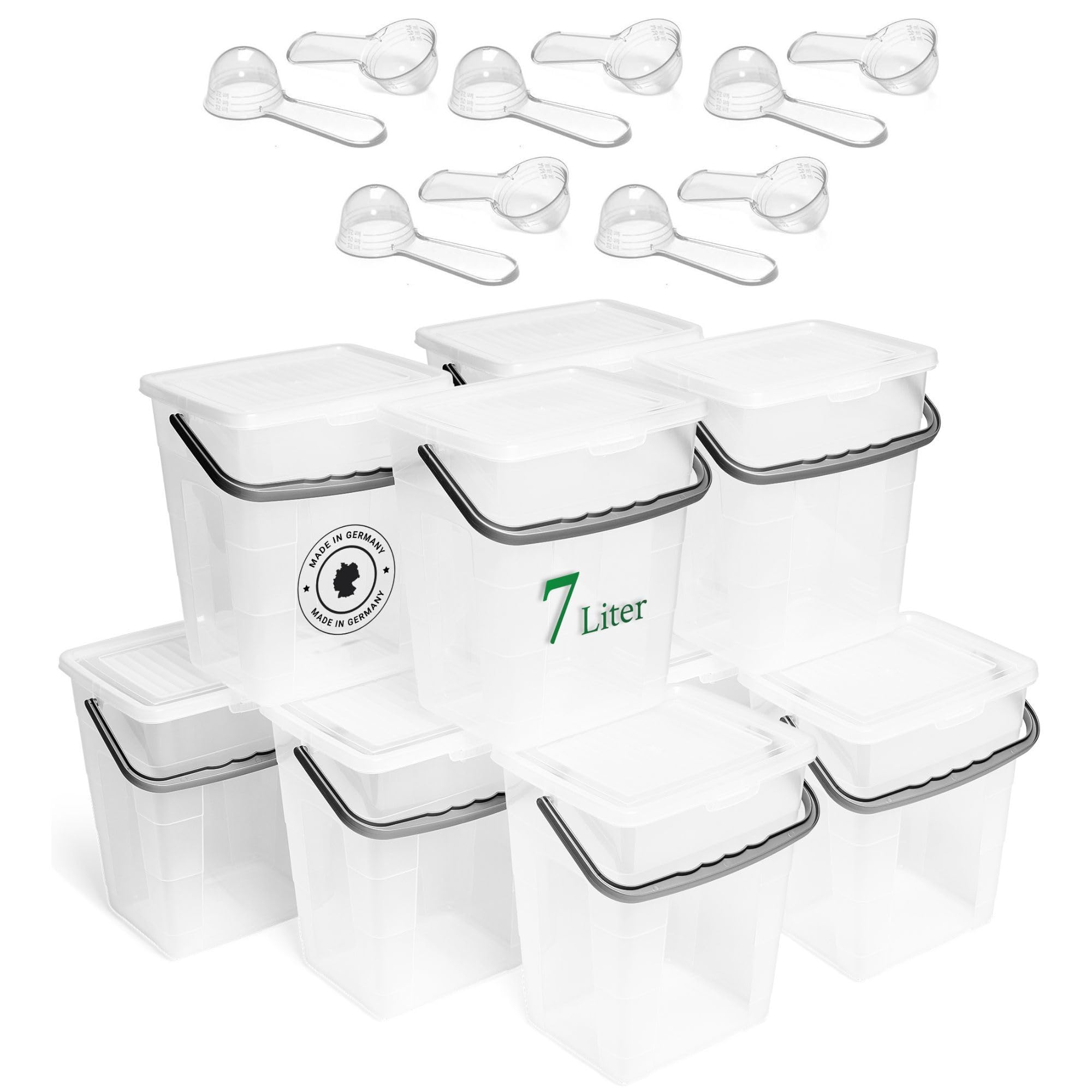 Novaliv 10 cajas de detergente con tapa, 7 litros, transparente y cuchara dosificadora, 23,5 x 18 x 26,5 cm, caja de almacenamiento con asa, depósito de detergente, recipiente para detergente y polvo