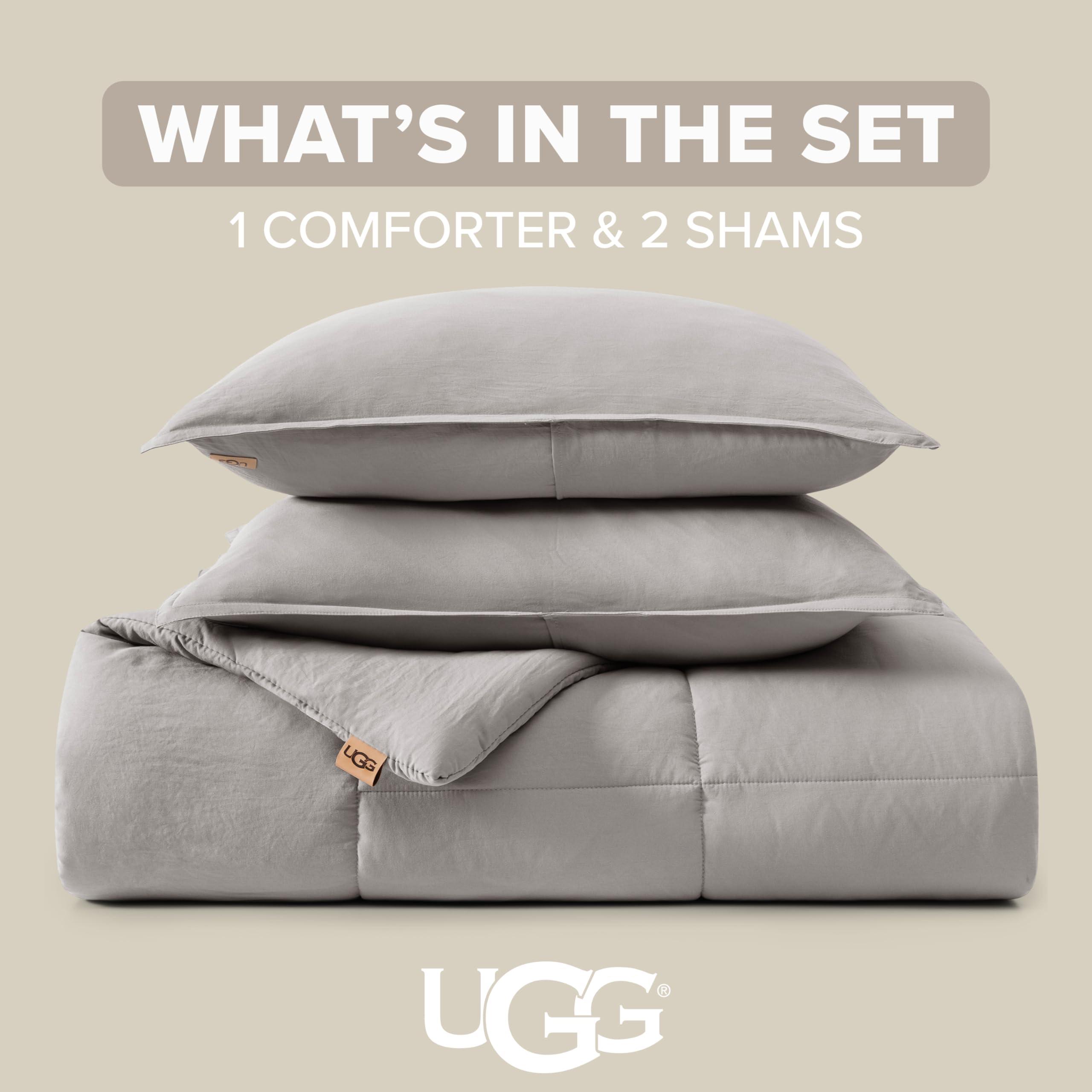 UGG Leonora - Juego de edredón con 2 fundas de almohada, manta ligera de plumón alternativo, reversible, acogedor, cálido, para todas las estaciones, lavable e hipoalergénico, tamaño matrimonial/Queen