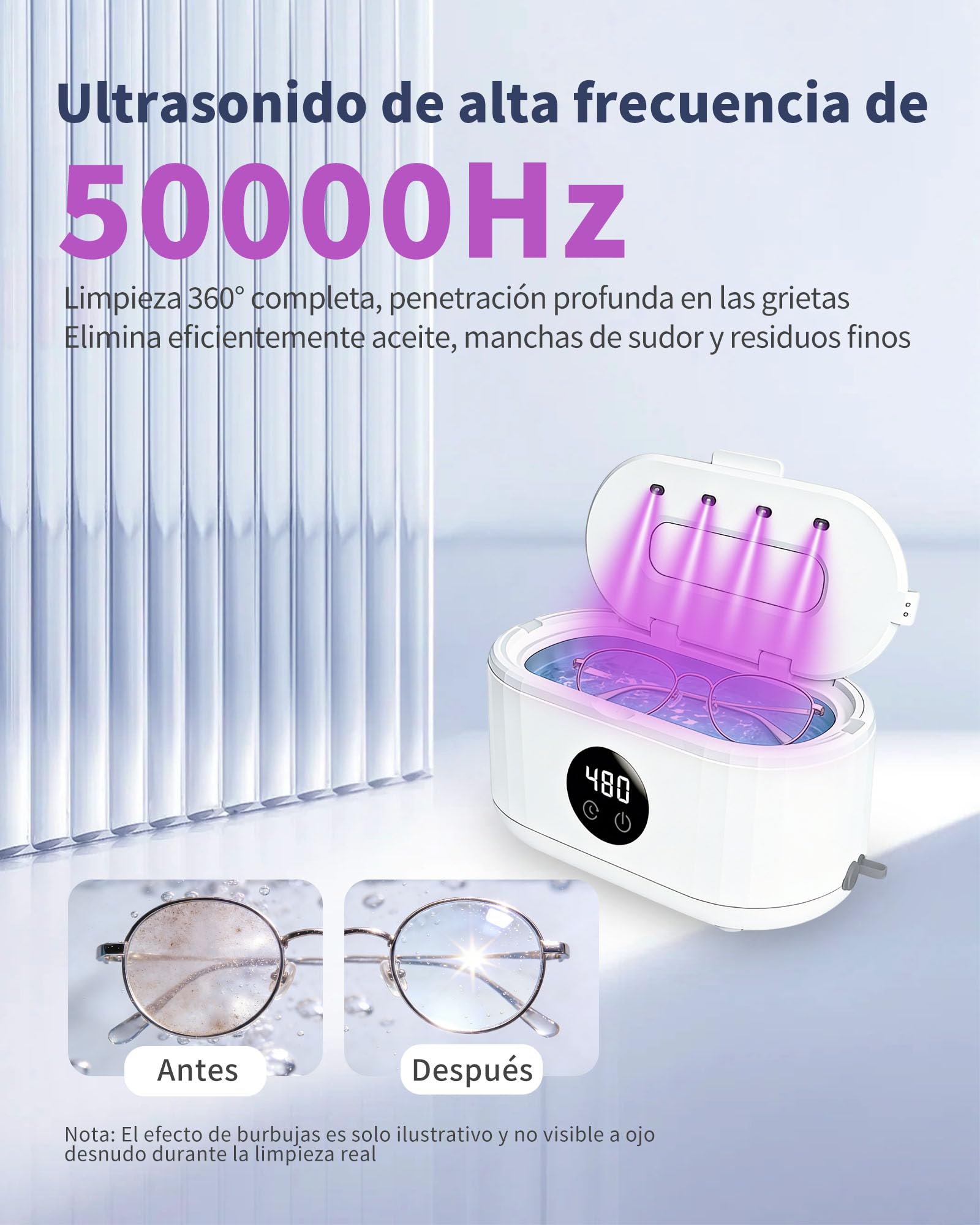 Pulitore ultrasuoni, pulitore ad ultrasuoni portatile con cinque impostazioni di tempo a LED UV ad alta frequenza 50KHz, ultrasonic cleaner da 350 ml, adatto per gioielli, occhiali, anelli e orologi