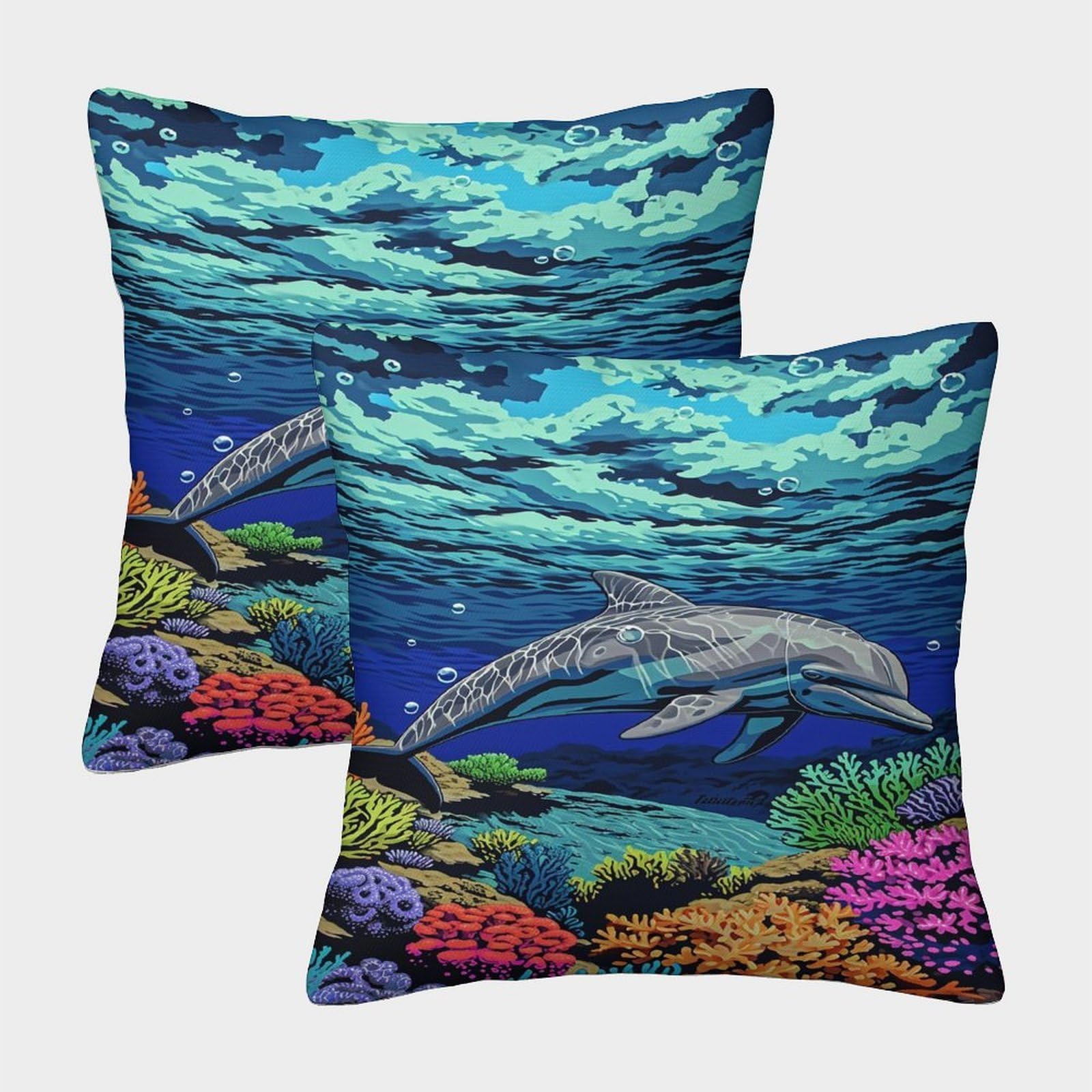 kaiyun 2 Pack Dolphins, Coral Reef 3D Image Printed Single-sided Cushion Cover 50x50cm