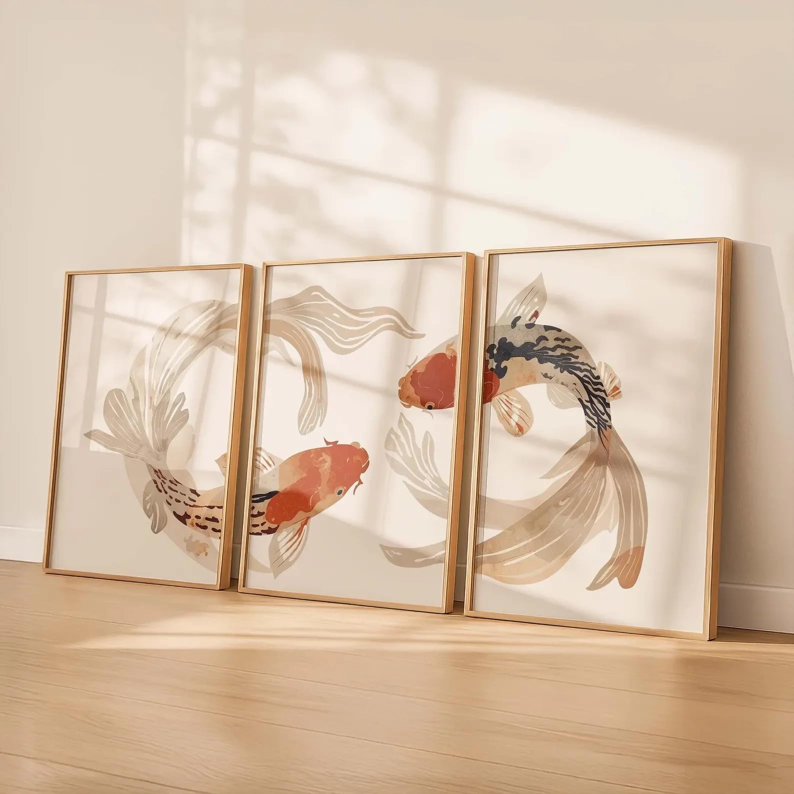 EPLKJHRTU Wall Art Koi Fish Triptych Japanese Minimalist Poster Neutral Beige Zen Wall Decor Canvas Paintings for Room Decor(30x50cmx3/Frameless)