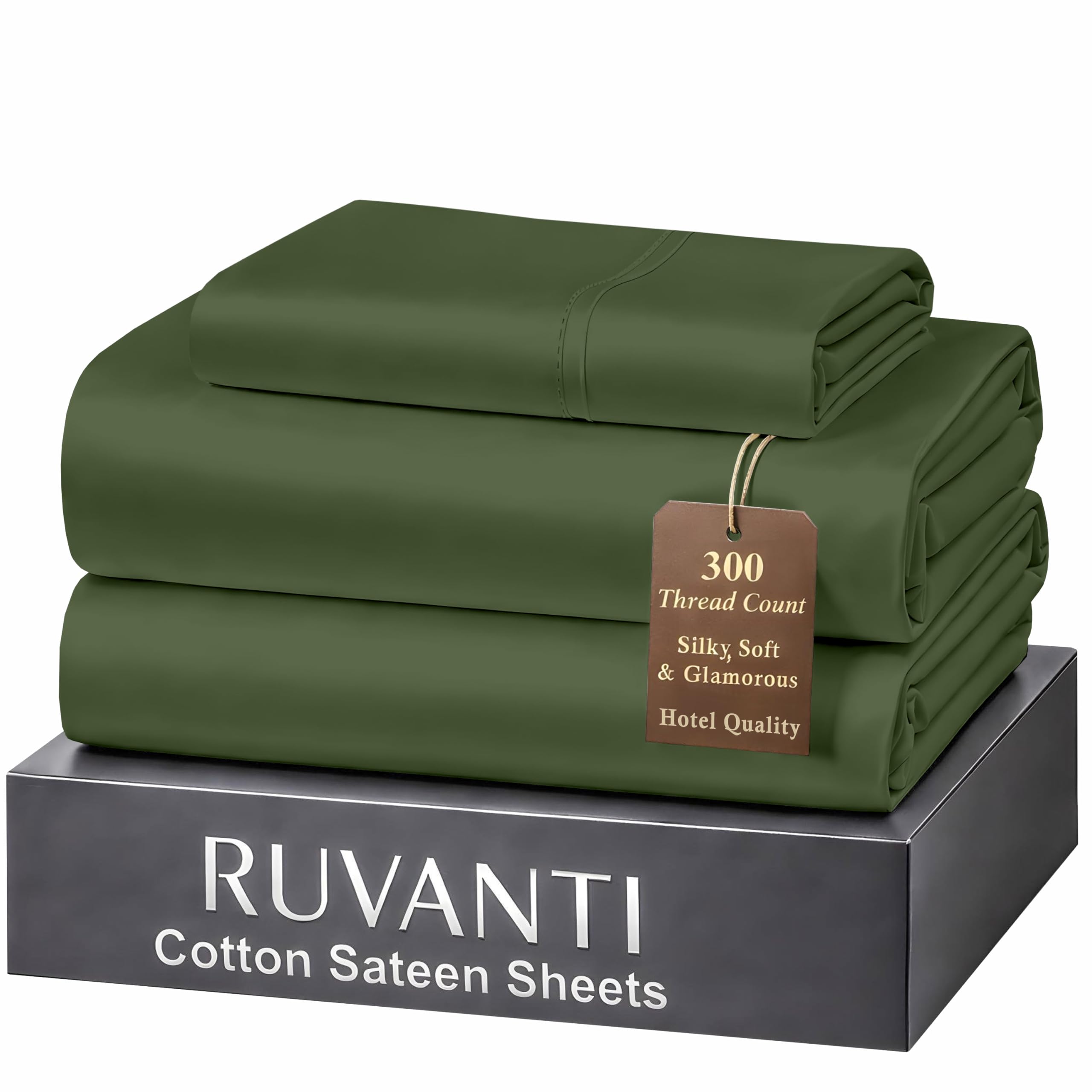 RUVANTI 100% Cotton Sheets Twin Size Bed Set - 300 Thread Count Silky Soft Sateen Weave, Cooling, Lightweight & Breathable, 16" Deep Pocket, Durable & Luxury Satin-Like, 3 Piece, Rifle Green โ image 1
