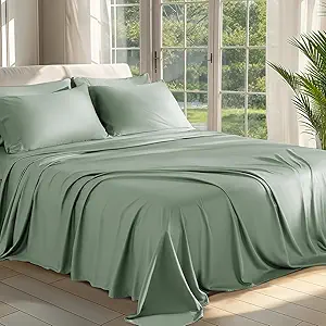 Shilucheng 100% Viscose Derived from Bamboo_ Sheets Queen Size 6pcs - Ultra Cooling & Silky Soft Bed Sheets, 16" Deep Pocket, Perfect for Hot Sleepers, Hotel Bedding Sheets (Sea Glass)