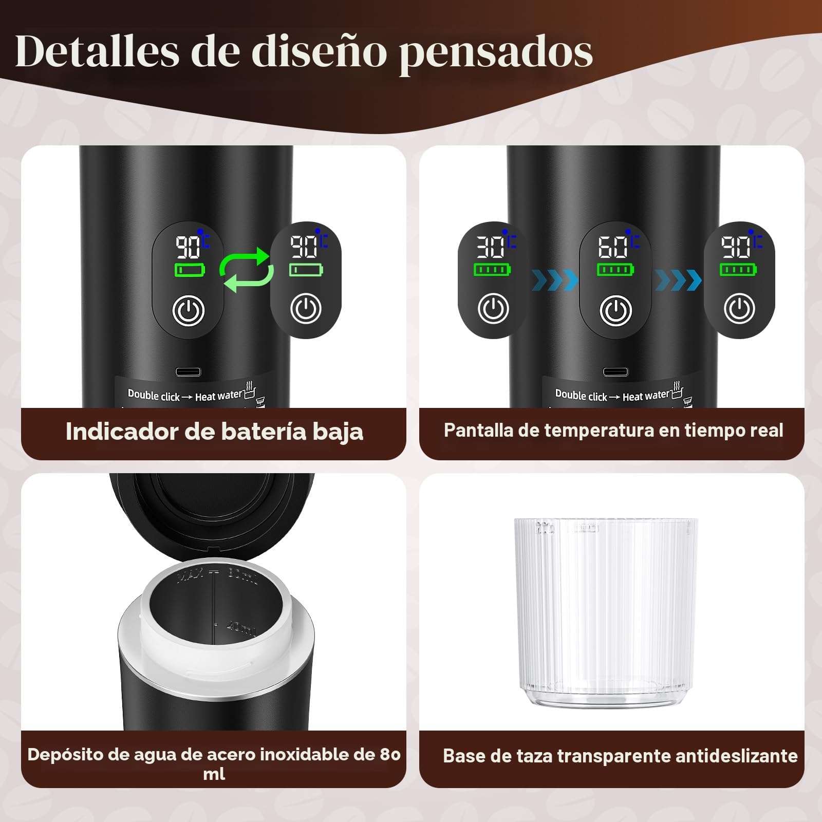 Cafetera Espresso Portátil, Cafetera Eléctrica 3 en 1, Cafetera Portátil Para Camping, mini Autocalentable, Compatible con Café Molido y Cápsulas