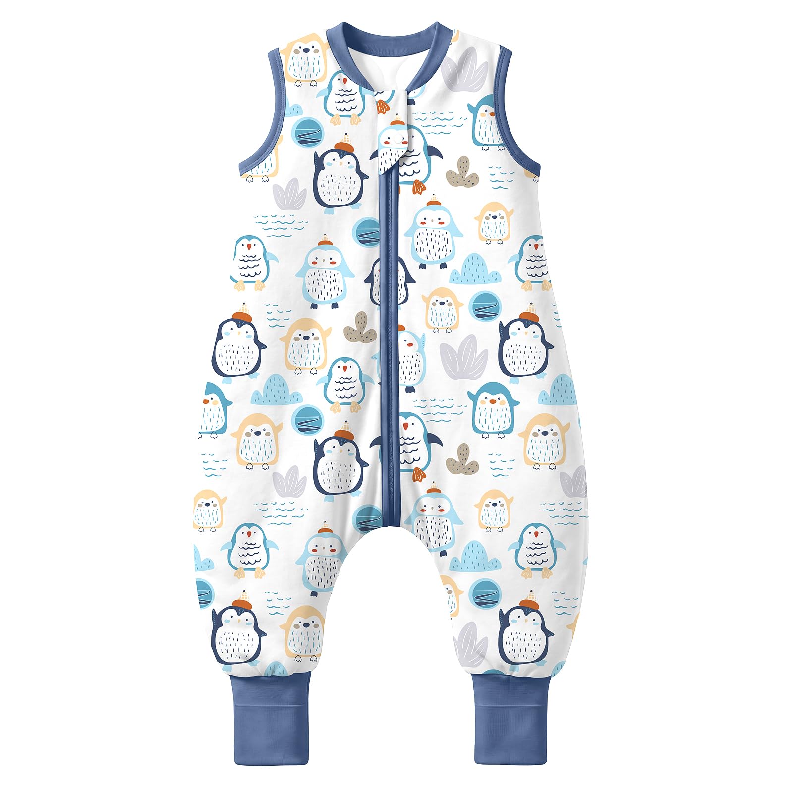 MIKAFEN Sacco Nanna con Gambe per Bambini 2,5 Tog,con Piedini,4-5 anni | 100% Cotone, Invernale, Cerniera Bidirezionale Sicura, Senza Maniche,Lavabile In Lavatrice, Pinguino blu