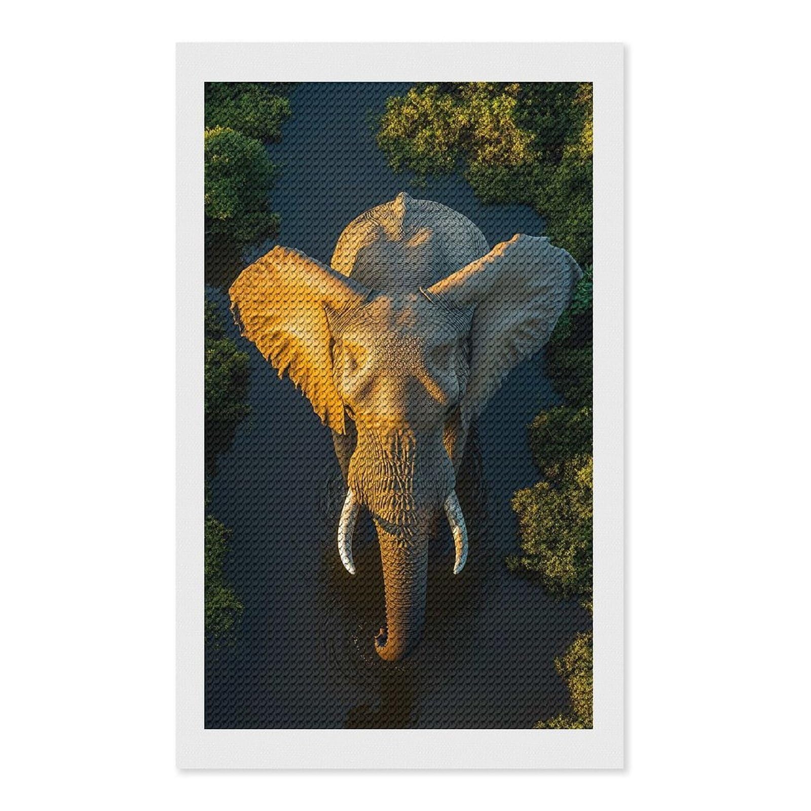 Junmoney Elephant in River, Aerial View Diamond Art Canvas 12"x20", for Adults, Pleasing Wall Art Project, Modern Decor, Gift Idea, Nice Detail and Sparkle