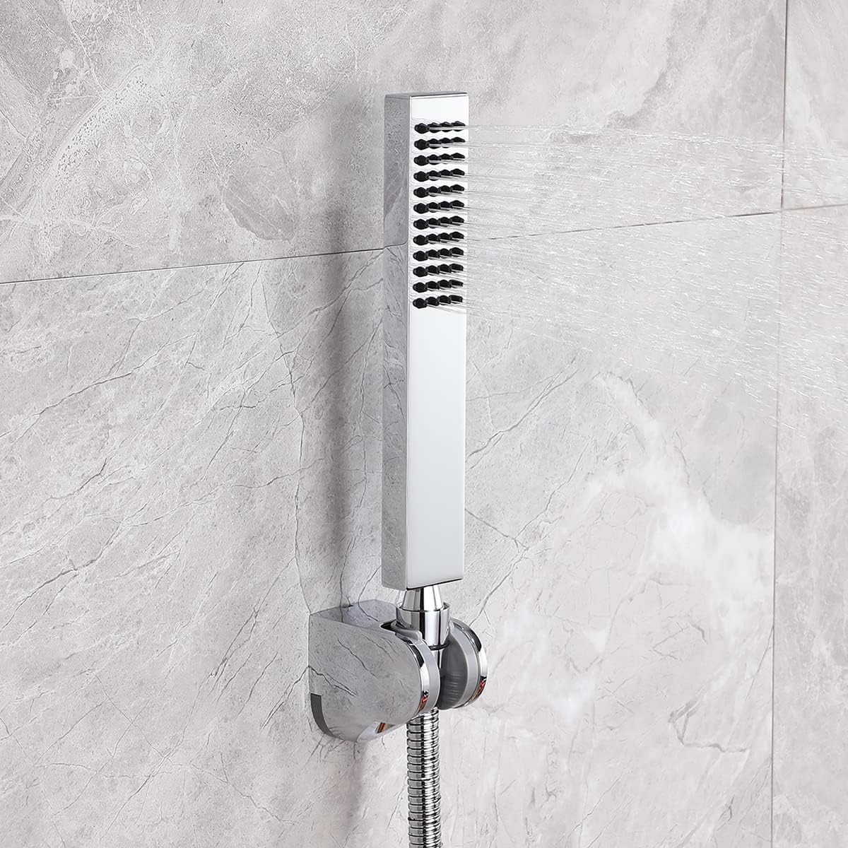 Asyas Solid Brass Hand Held Shower Sprayer Head with Adjustable Wall Connector Shower Holder and Hose Set Chrome High Pressure Square