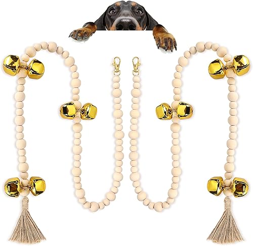 KLOGTSIND Paquete de 2 campanas para puerta de perro para entrenamiento de orinal, cuentas de madera ajustables para perros pequeños, medianos y