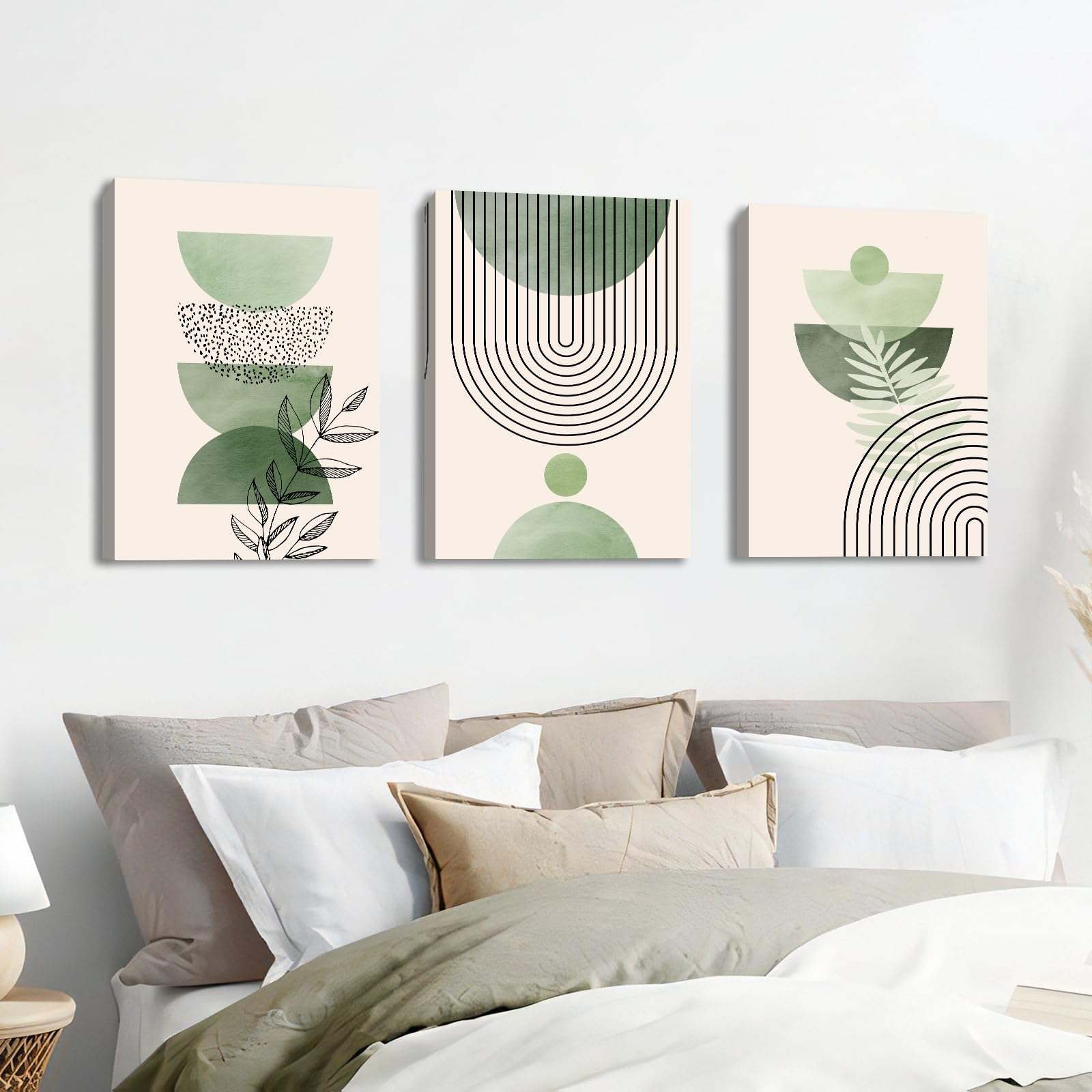 3 Pcs Wooden Framed Canvas Wall Art Set Bohemian Sage Green Canvas Prints Poster Geometric Line Beige Green Pictures for Living Room Bedroom Dinning Room Hallway Stairs Wall Decor 30x40cm x3pcs — view 16