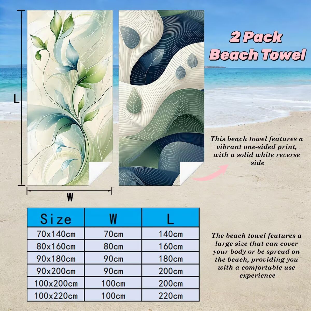 Juego de 2 Toalla Playa Grande 80x160 cm, Secado Rapido Toalla Microfibra Gimnasio, Antiarena Toallas de Playa Moda, Grande Ligera Compacta Toallas Microfibra Mujer Hombre para Viaje Piscina -5090
