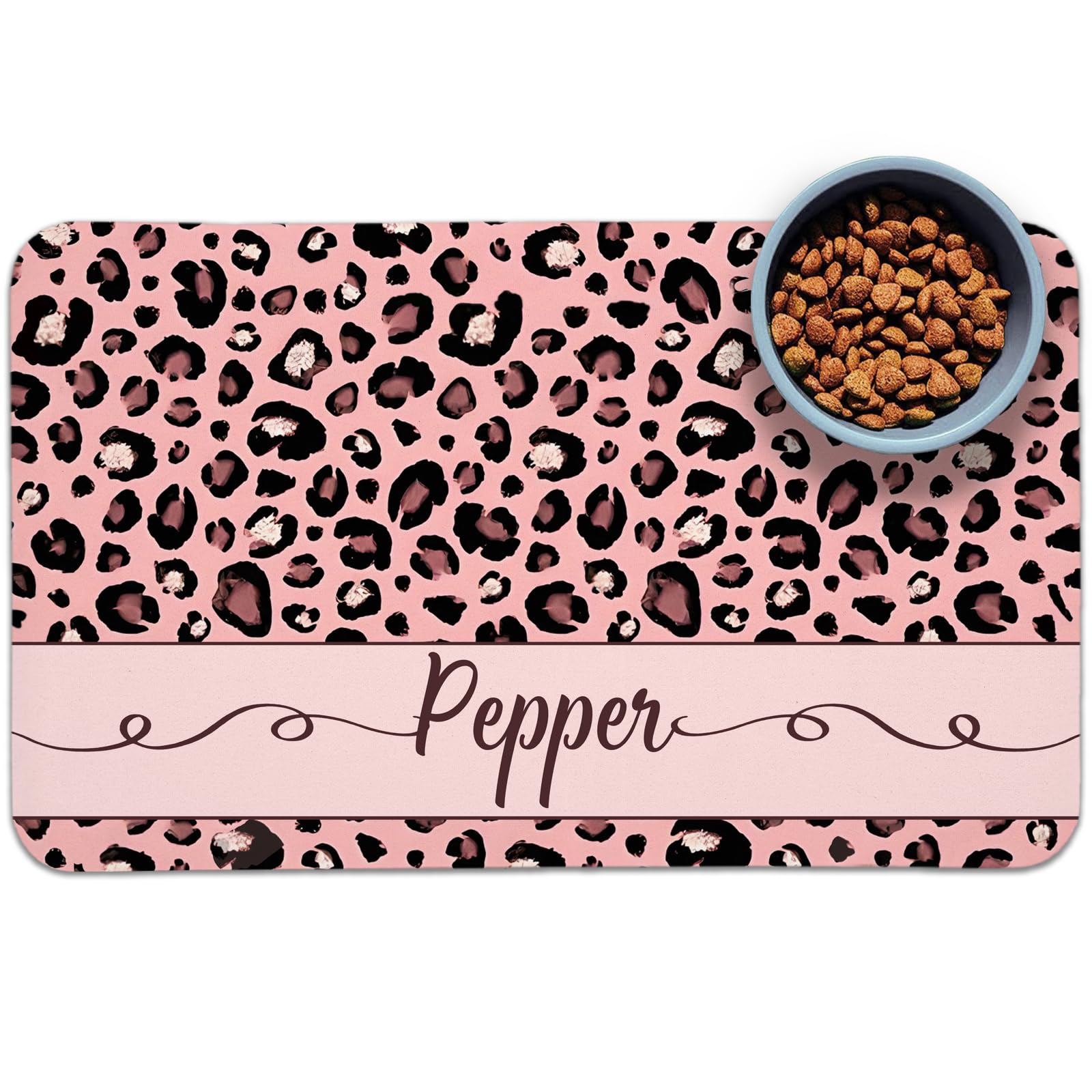 Personalized Dog Food Mat, Non Slip Personalized Cat Mats for Food and Water Customize Pet Feeding mats 16 * 24 Inch Pink Leopard