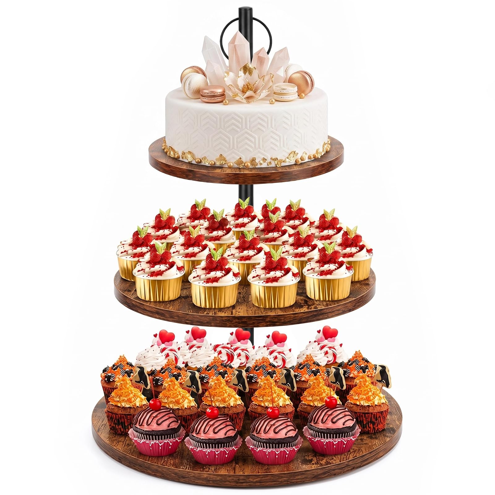 KOUHA Soporte de Madera para Cupcakes de 3 Niveles Soporte Redondo Grande para Cupcakes de Ø 30/25/20 cm Soporte de Madera para Postres Pasteles Queso Dulces Galletas y Frutos Secos