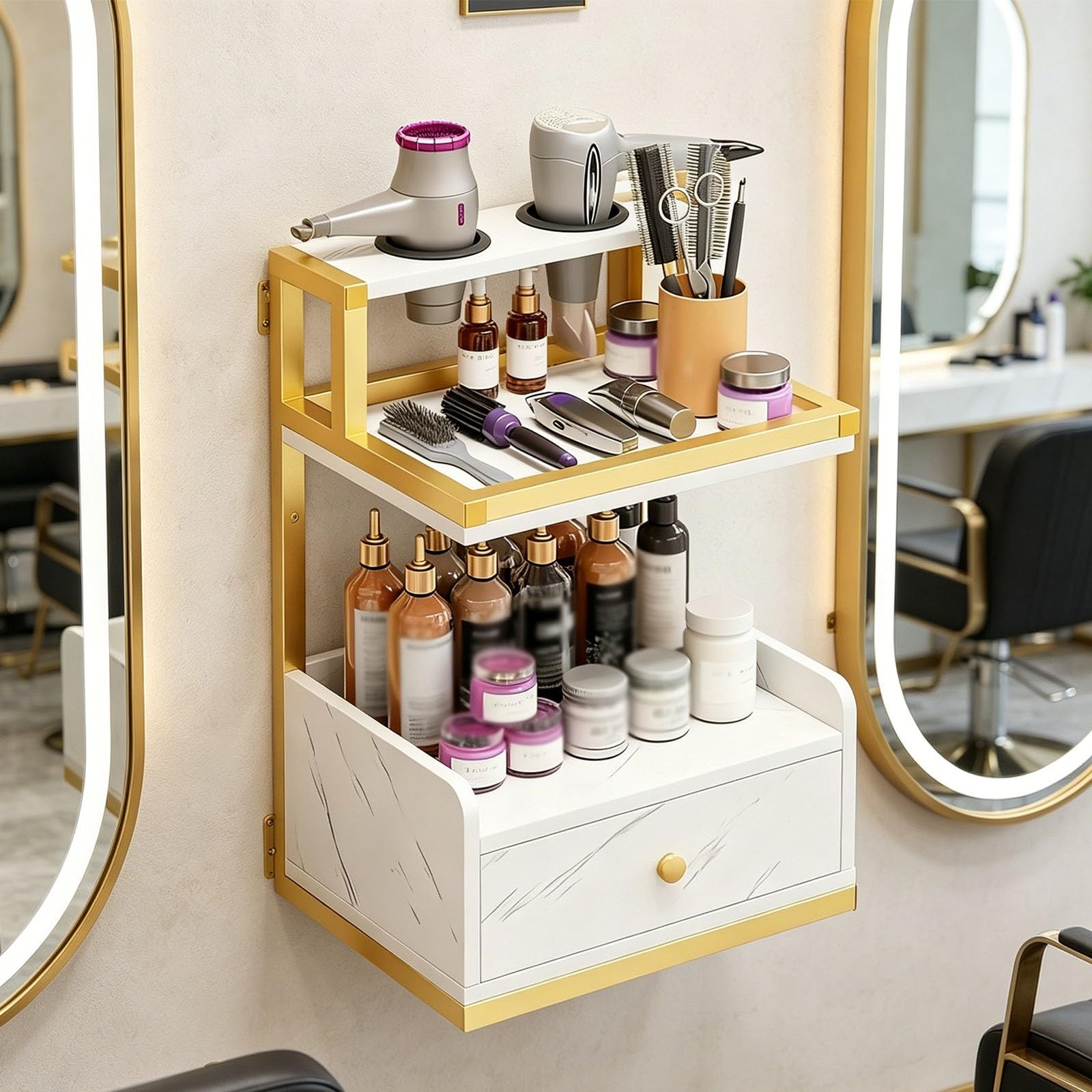 Postazione Da Salone Per Parrucchieri, Postazione Beauty & Barber Da Parete Con Cassetto E Porta-Phon, Organizer Per Trucco E Attrezzatura Estetica Per Barber Shop(A)