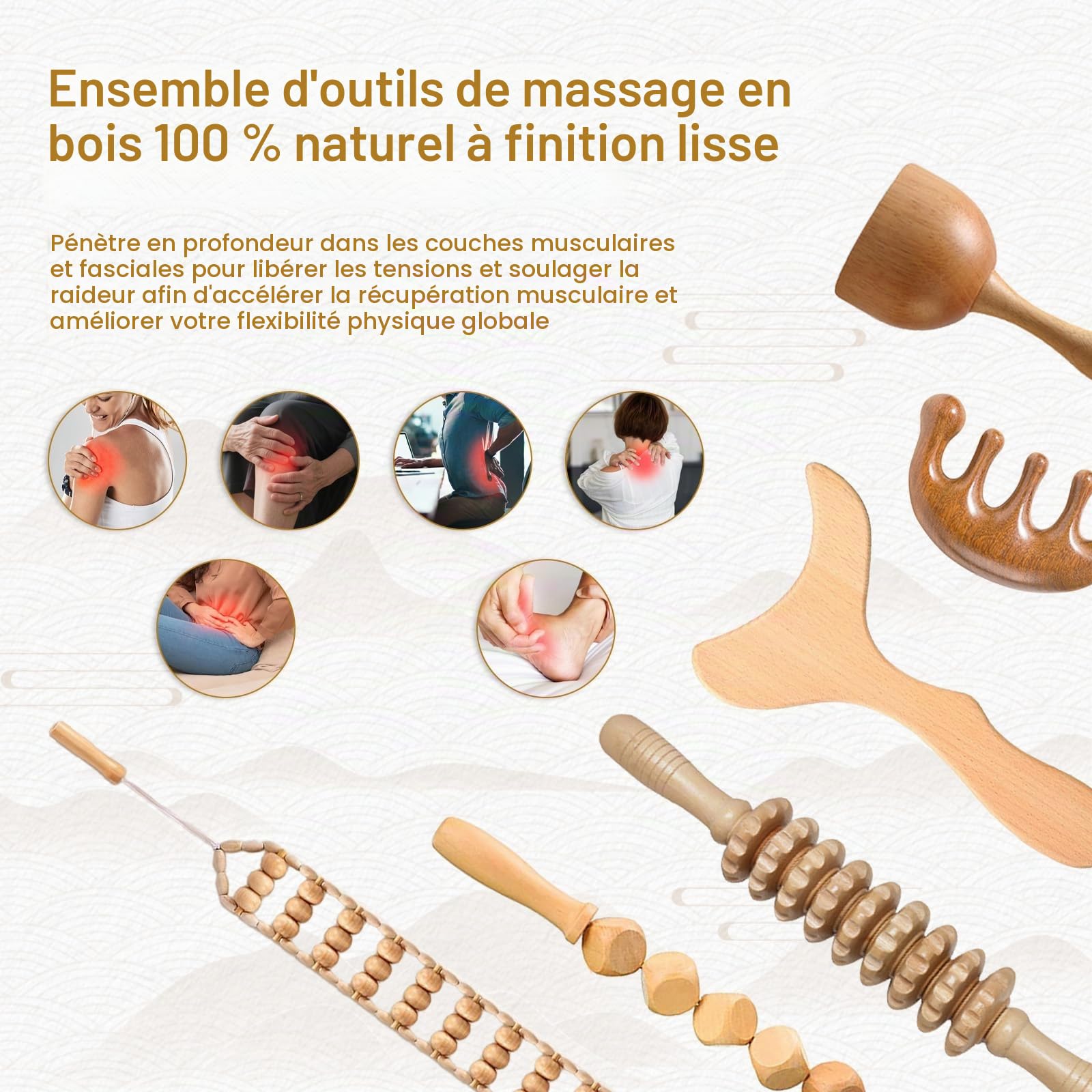 Ensemble d'outils de massage 6 en 1 pour thérapie du bois, kit de drainage lymphatique de bois avec rouleau de fascia, Gua Sha, outils de sculpture corporelle pour contourner et façonner