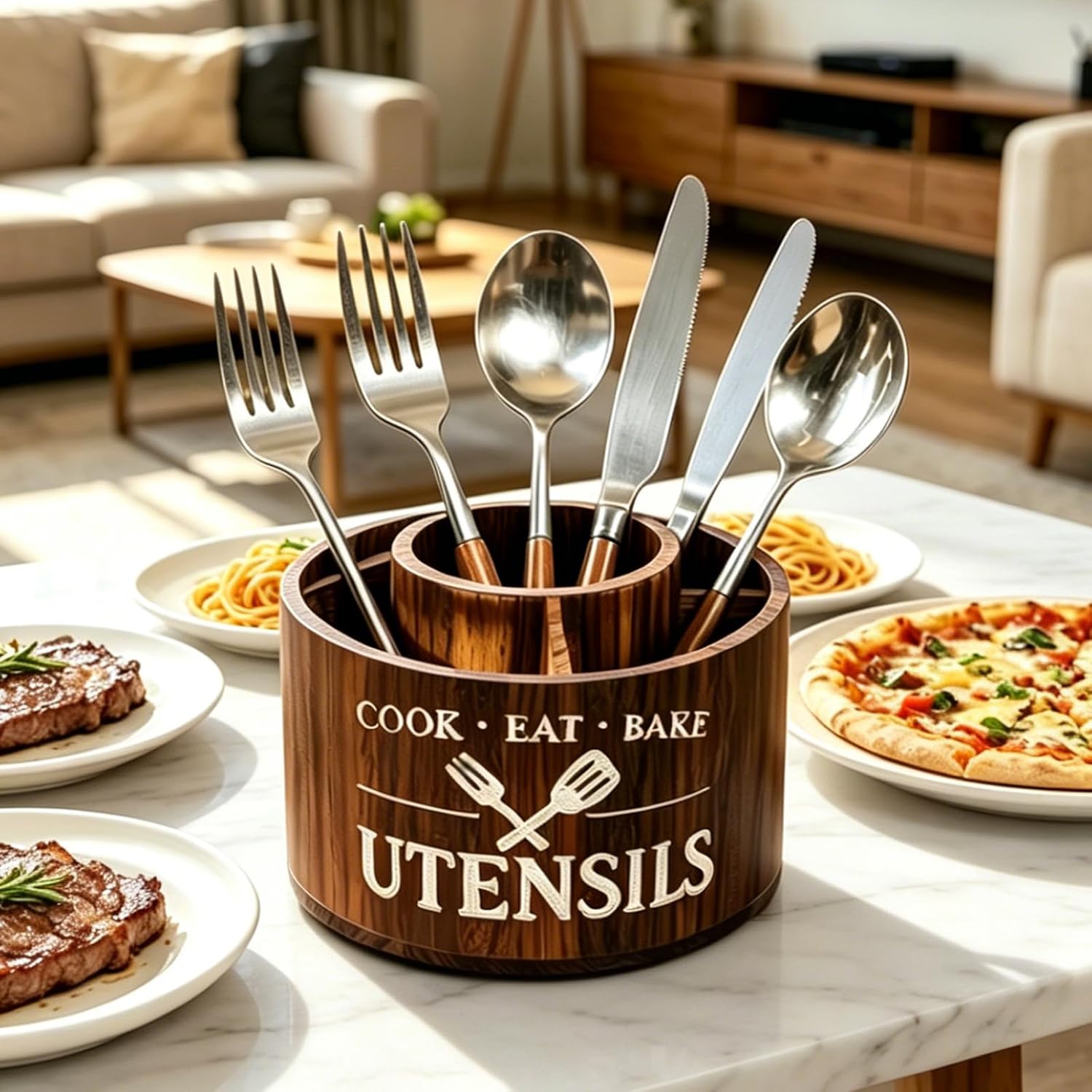 Wood Rotating Utensil Holder for Kitchen Countertop, 360° Lazy Susan Kitchen Utensil Organizer with 5 Compartments, Wooden Spatula Spoon Fork Storage Rack, Rustic Farmhouse Cooking Tool Holder