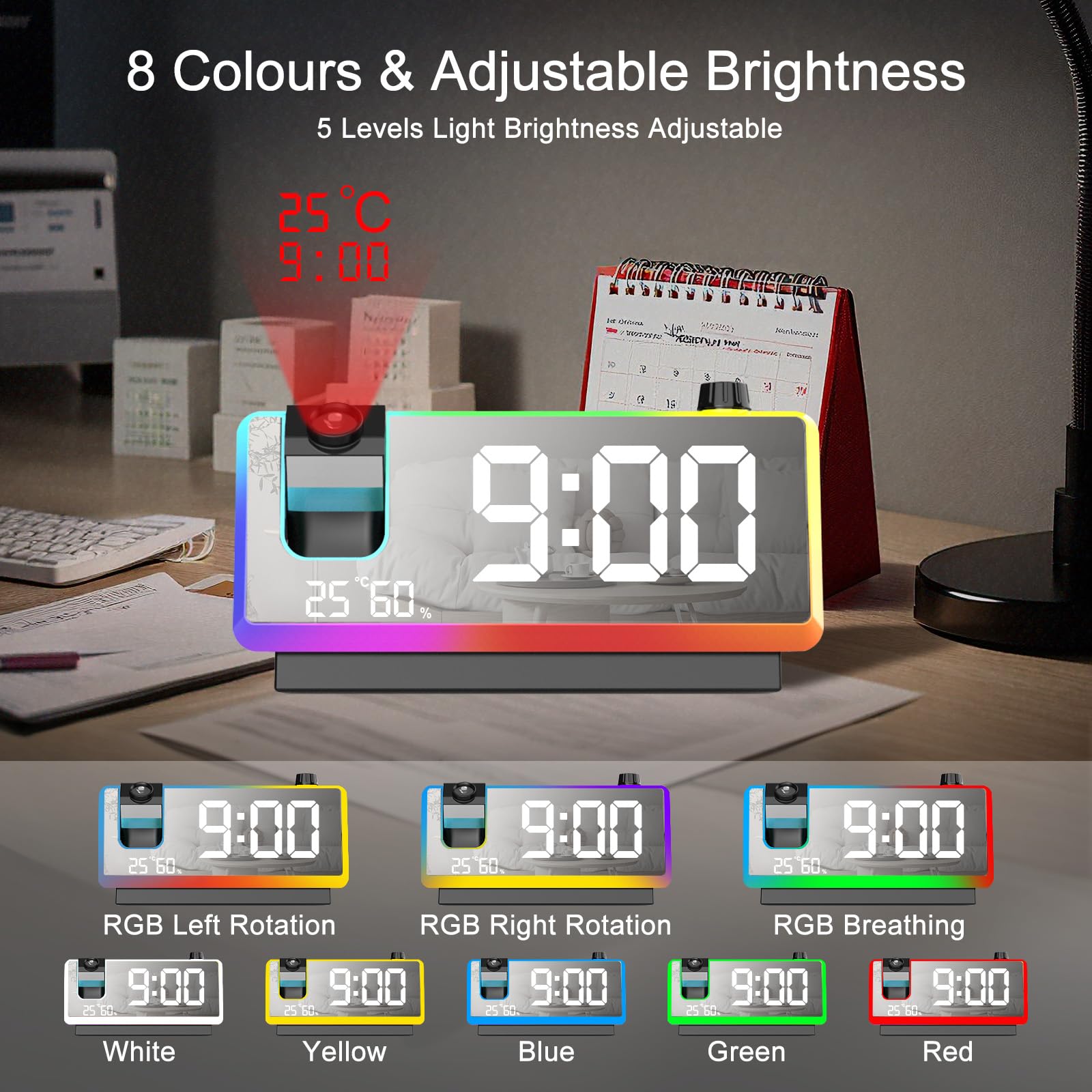 Cuteefun Sveglia con Proiettore Soffitto, Sveglia Digitale da Comodino, Luce Notturna RGB 8 Modalità, Proiettore 180°, Doppia Porta USB, 3 Livelli Luminosità, Temperatura e Umidità, Snooze, Nero