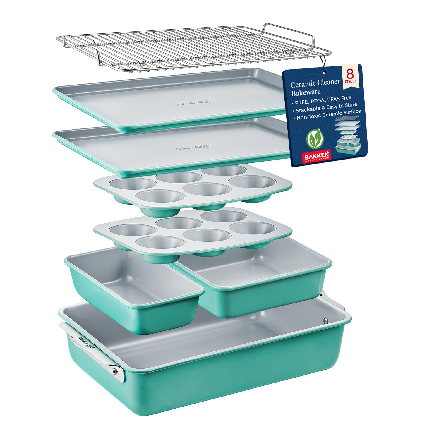8-Piece Stackable Bakeware Set - Aluminized Steel with Ceramic Non-Stick Coating, PFOA & PFAS Free - Healthy Baking, Ergonomic Handles, SS#304 Cooling Rack, Non-Toxic, Oven-Safe, Durable Quality
