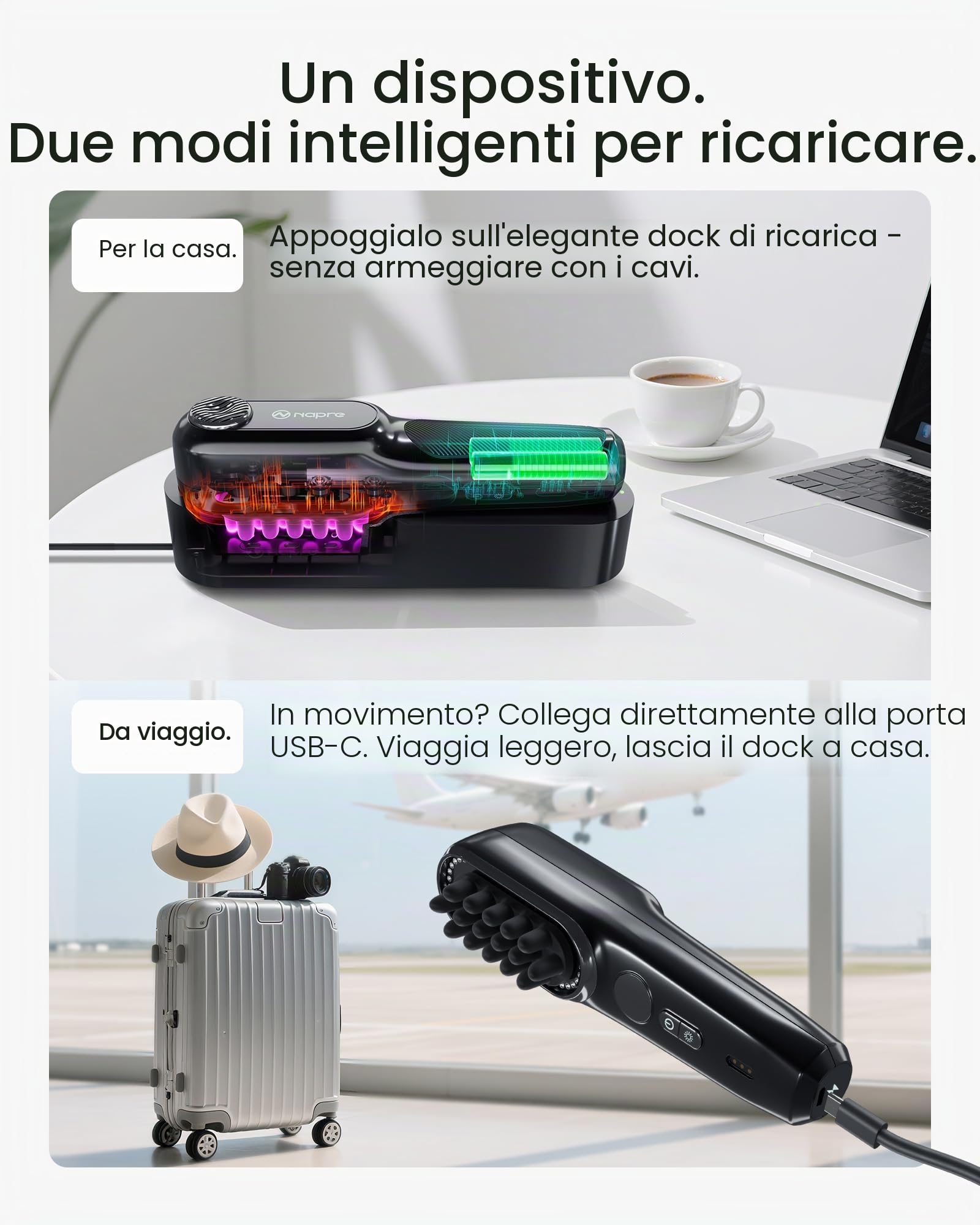 Massaggiatore per Cuoio Capelluto - 2400 RPM Vibrazione Laterale e Terapia con Luce Rossa per Massaggio di Cuoio Capelluto/Viso/Collo, 50 Perle LED, 5 Livelli di Velocità, Portatile con Base di Ricari