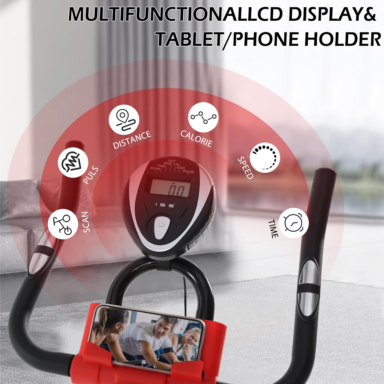 ISE Bicicletta Cyclette Da Casa con Resistenza Regolabile, cyclette professionale con Sensore di Impulso, Porta Celullare, Ruote di Trasporto, Bicicletta Cyclette Indoor,Silenzioso, SY-7802