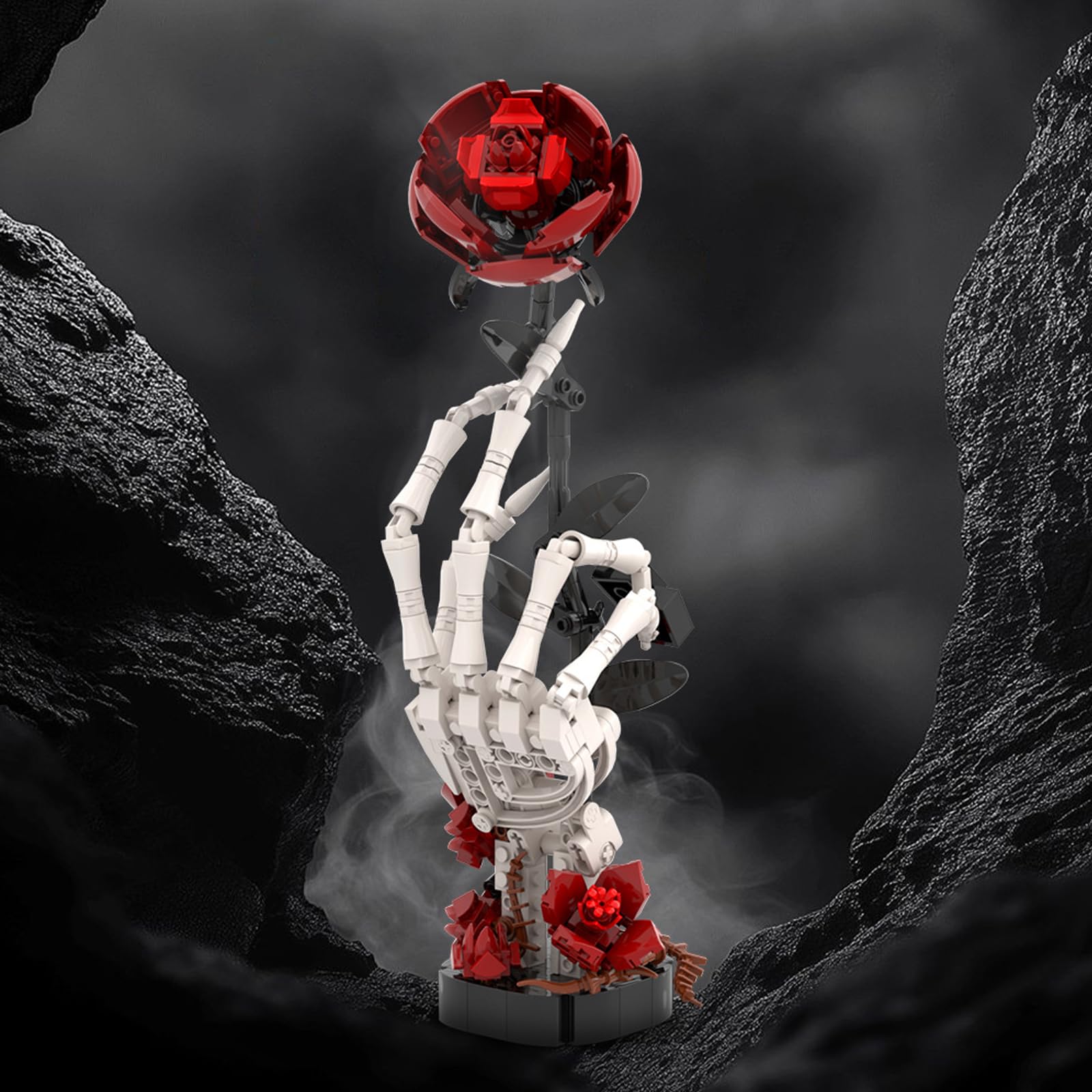 Bloques de construcción de mano góticos con forma de rosa y esqueleto para adultos, 357 piezas, MOC, modelo con rosa de hueso, decoración romántica oscura para la oficina en casa, idea de regalo única