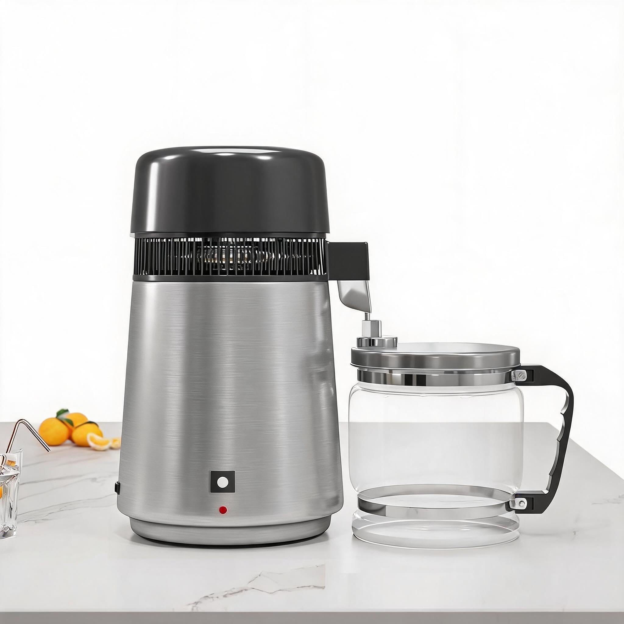 Garvee Destilador Agua 4L 750W/900W Acero Inox 304 | Garvee destilador 4L 750W/900W acero inox 304, triple filtro y apagado automático, 1L/h, jarra vidrio portá