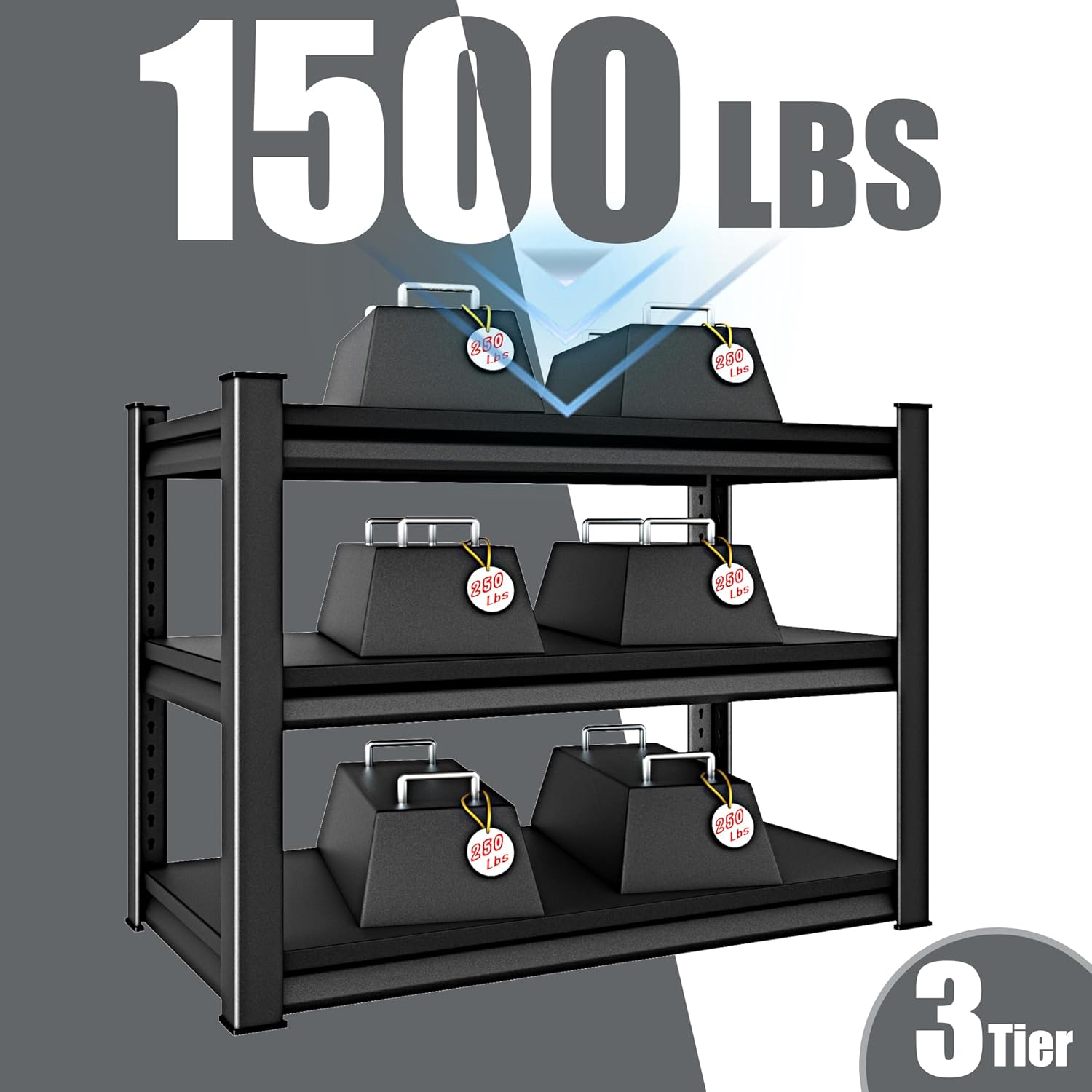 40" W 3-Tier Garage Shelving Heavy Duty, 1500LBS Loads Garage Storage Shelves, Metal Shelving Units and Storage Racks, Industrial Utility Shelf Heavy Duty,40" Wx16 Dx36 H, Black
