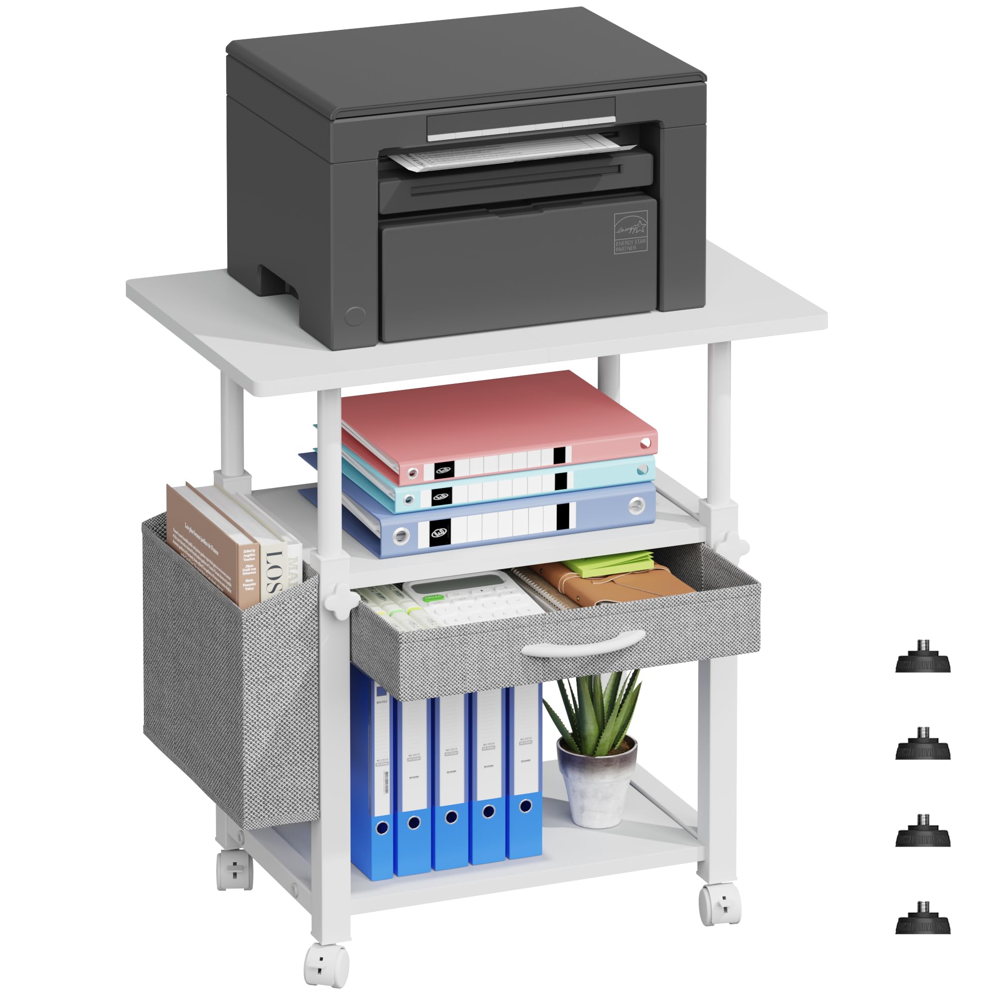 Mobile Porta Stampante a 3 Livelli con Cassetto in Tessuto, Supporto per Stampante Mobiletto con Ruote&Borsa Laterale, Altezza regolabile, Scaffale da Scrivania per Ufficio Domestico, Bianco