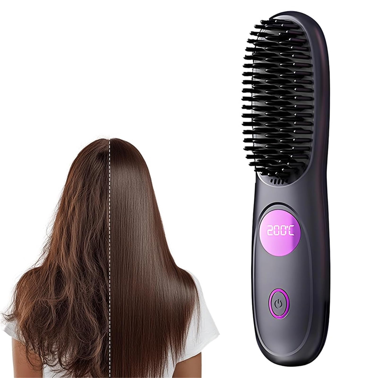 Cepillo alisador de pelo inalámbrico Go Brush Pro: calentamiento rápido, pantalla LCD, recargable por USB y fácil de transportar.(Black)