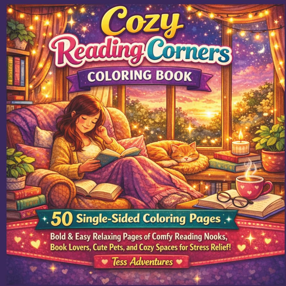 Cozy Reading Corners Coloring Book: Bold & Easy Relaxing Pages of Comfy Reading Nooks, Book Lovers, Cute Pets, and Cozy Spaces for Stress Relief!