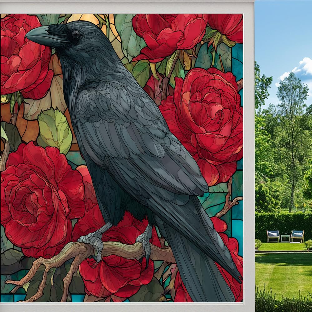 Colorful Rose Crow Privacy Window Film, Abstract Raven Floral Bird Frosted Self-Adhesive Vinyl Cling for Glass Doors Bathroom Windows Sun Blocking Heat Control,（80x140cm）