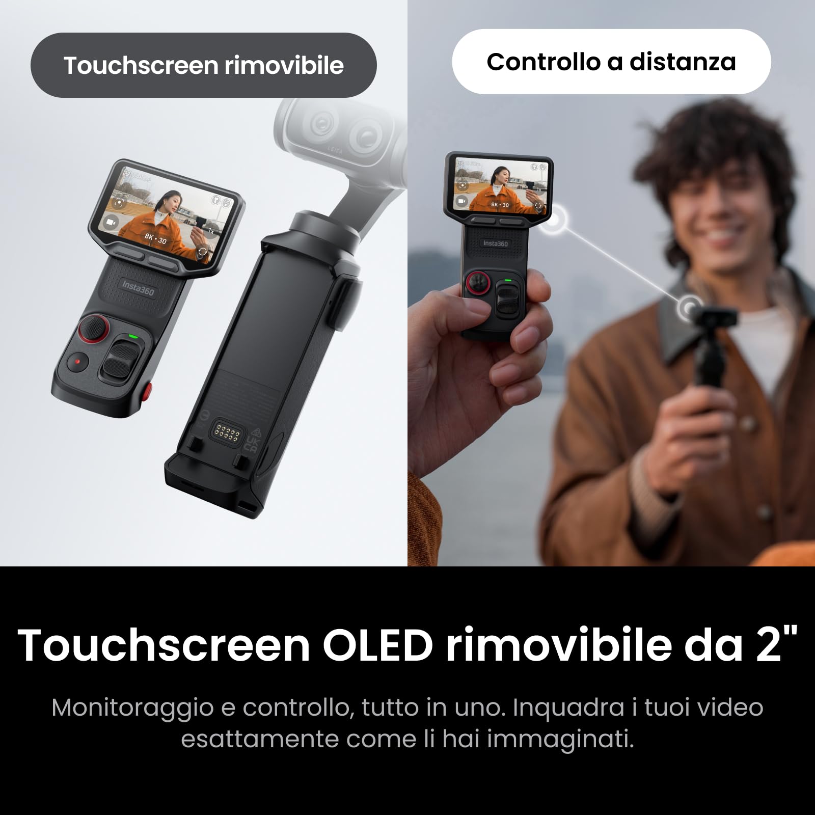 Insta360 Luna Ultra Pack Creator - Videocamera per vlog 8K con due obiettivi Leica, zoom 12x, sensore da 1", touchscreen rimovibile 2", triplo chip IA, videocamera gimbal tascabile per fotografia vlog