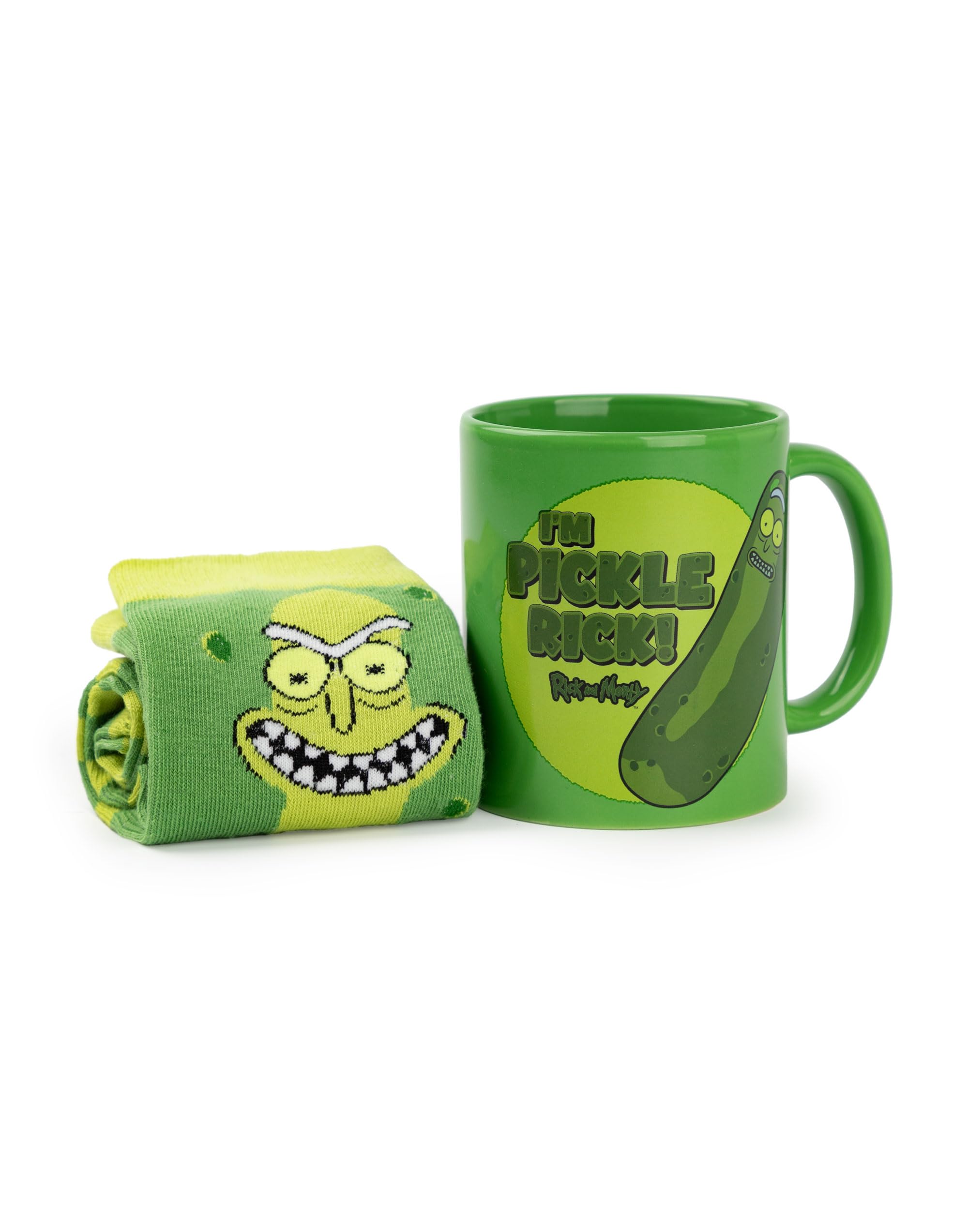 Rick and Morty Mens Mug and Sock Set | Adults Green Pickle Rick Character Graphic Print Calf Socks & Ceramic Mug | Rick Sanchez 'I'm Pickle Rick!' Hot Drinks Mug | Animated TV Series Merchandise Gift