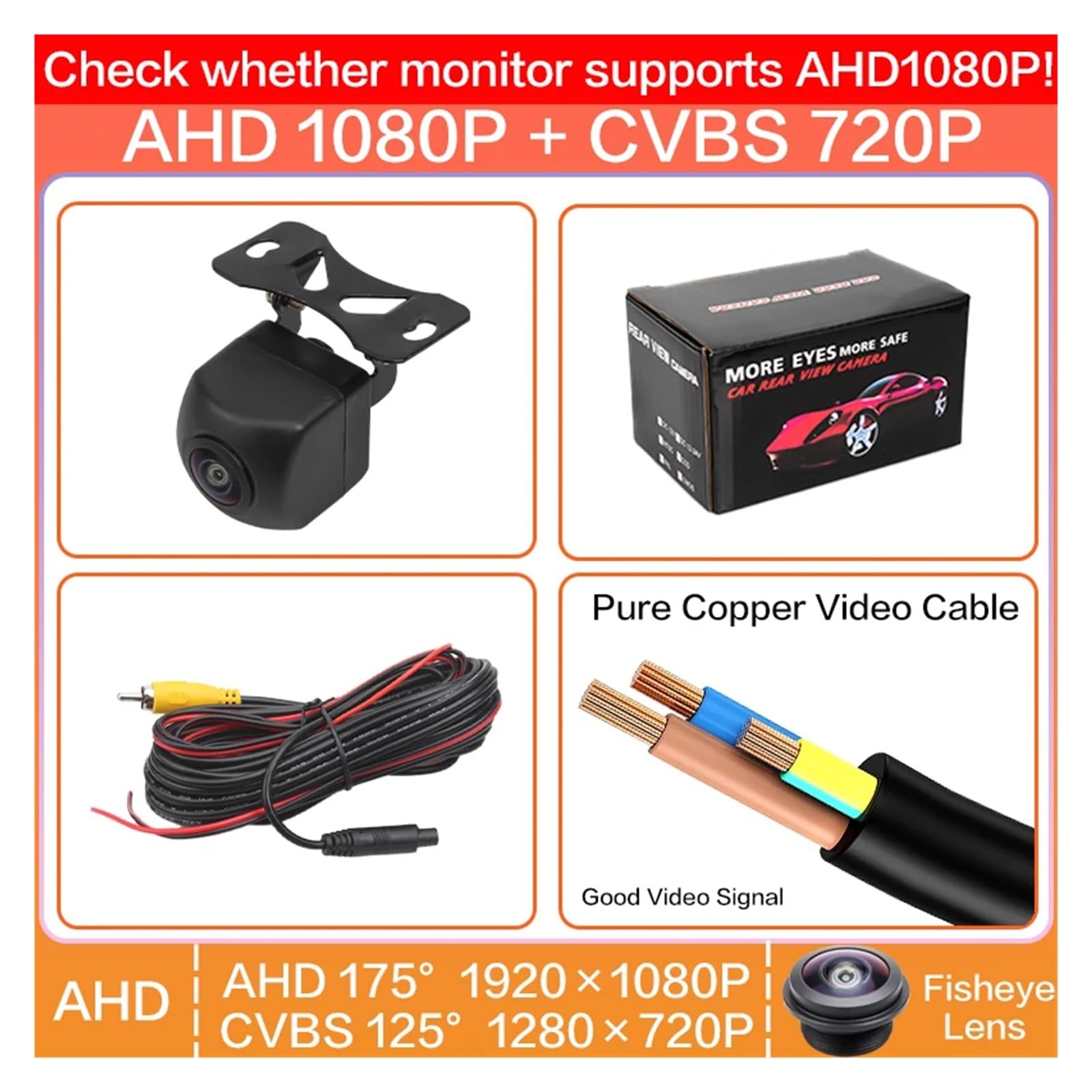 Oput AutoAHD Telecamera posteriore for auto laterale/anteriore/posteriore 170° Obiettivo fisheye nero HD Visione notturna Impermeabile Retromarcia Veicolo universale(AHD1080P-175Deg)