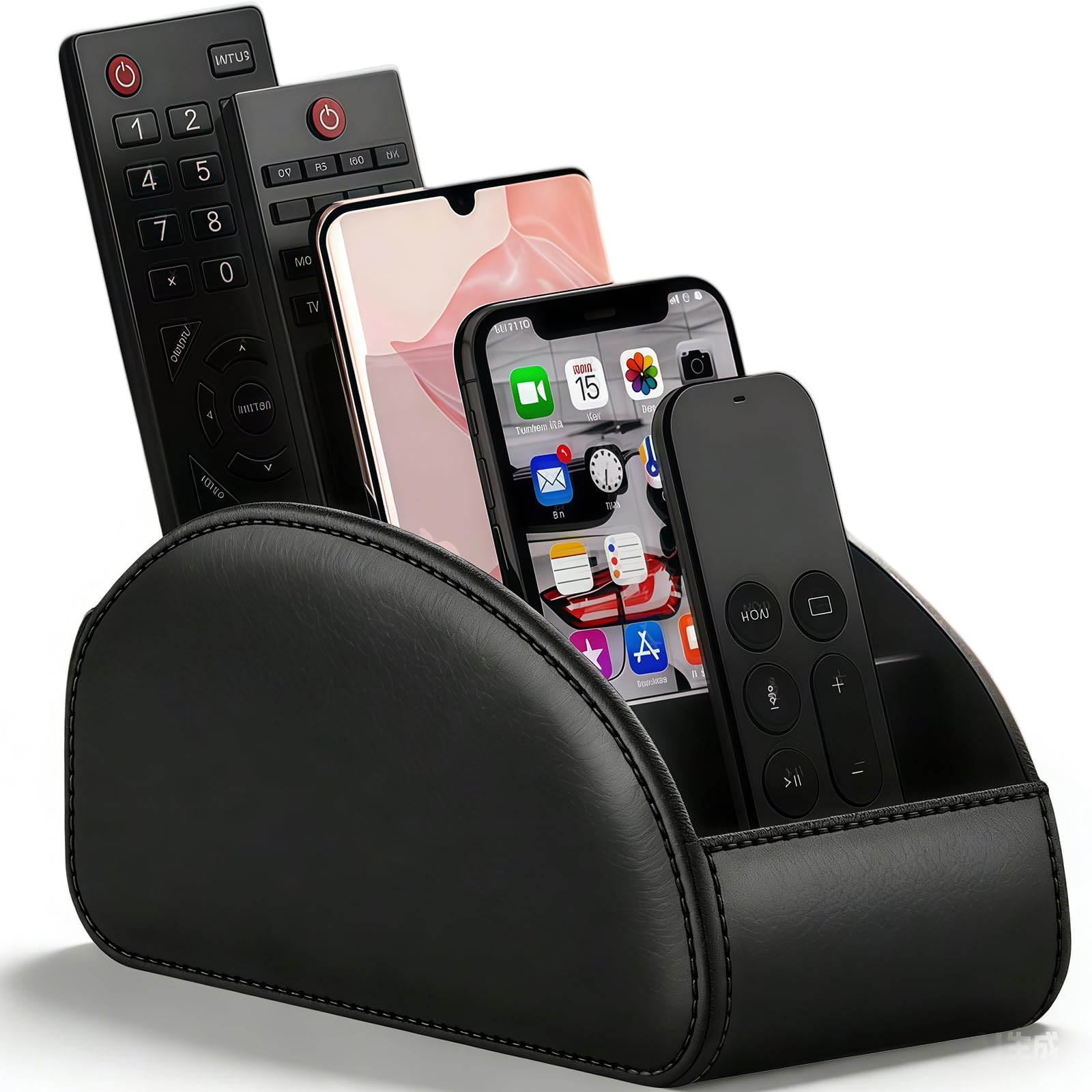 Tel Charme * PU Leather Remote Control Holder with 5 Compartments β Desktop Storage Caddy for TV Remotes, Heater Controllers, Office Supplies & Makeup Brushes, Black Organizer Box