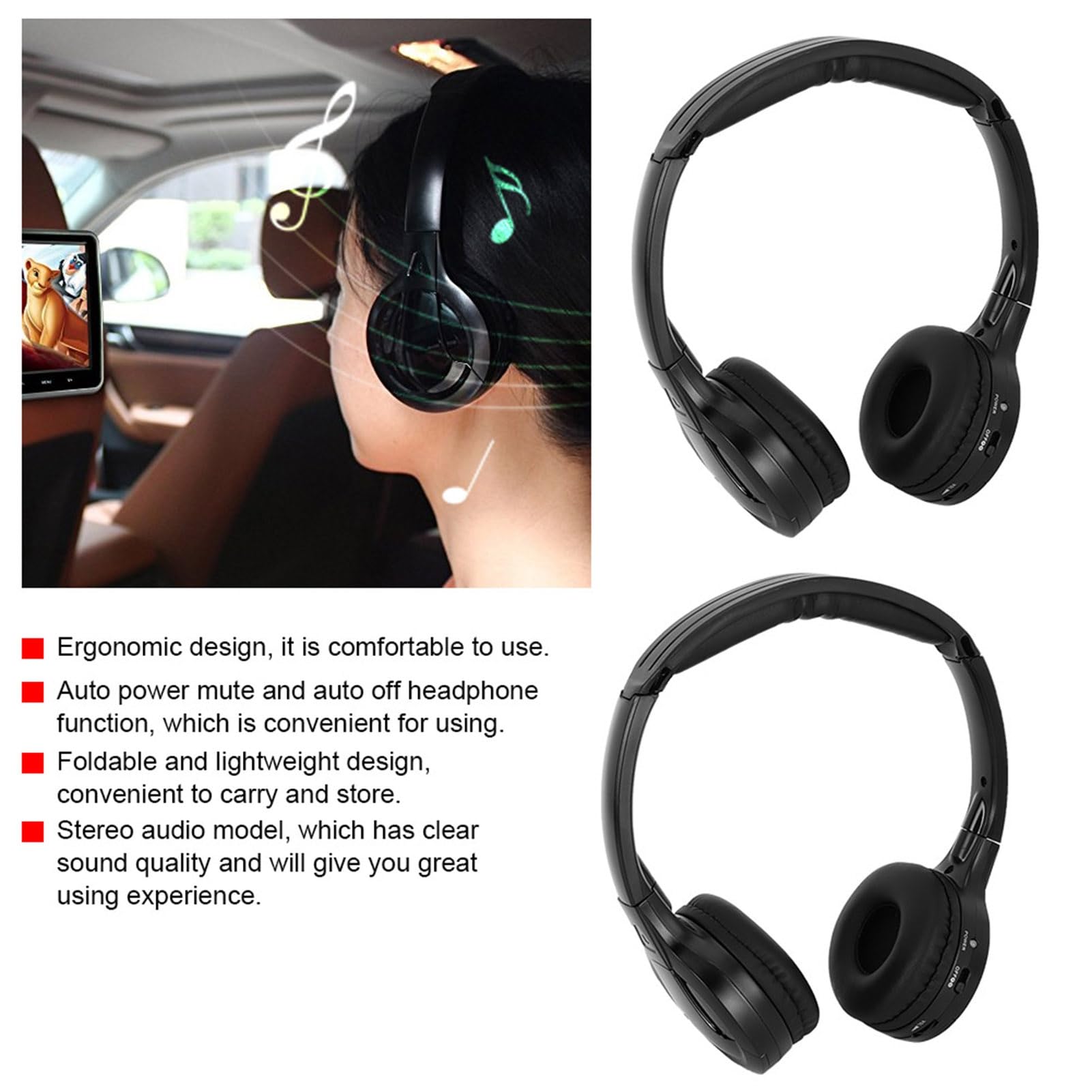 Qiilu 2-Kanal Kabellose Kopfhörer Infrarot IR Stereo Audio Kopfhörer Ohrhörer 10 Meter Reichweite 20–20.000 Hz für DVD-Player in der Kopfstütze des Autos