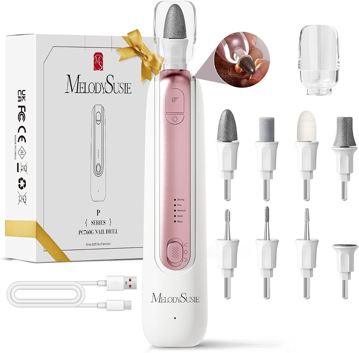MelodySusie Taladro de uñas de pedicura antipolvo PC760G para limar uñas gruesas | 4600 RPM, batería de 2000 mAh, tiempo de ejecución de 6 h, 5 modos de archivo, 8 brocas, luz LED de 360°, cuidado de callos