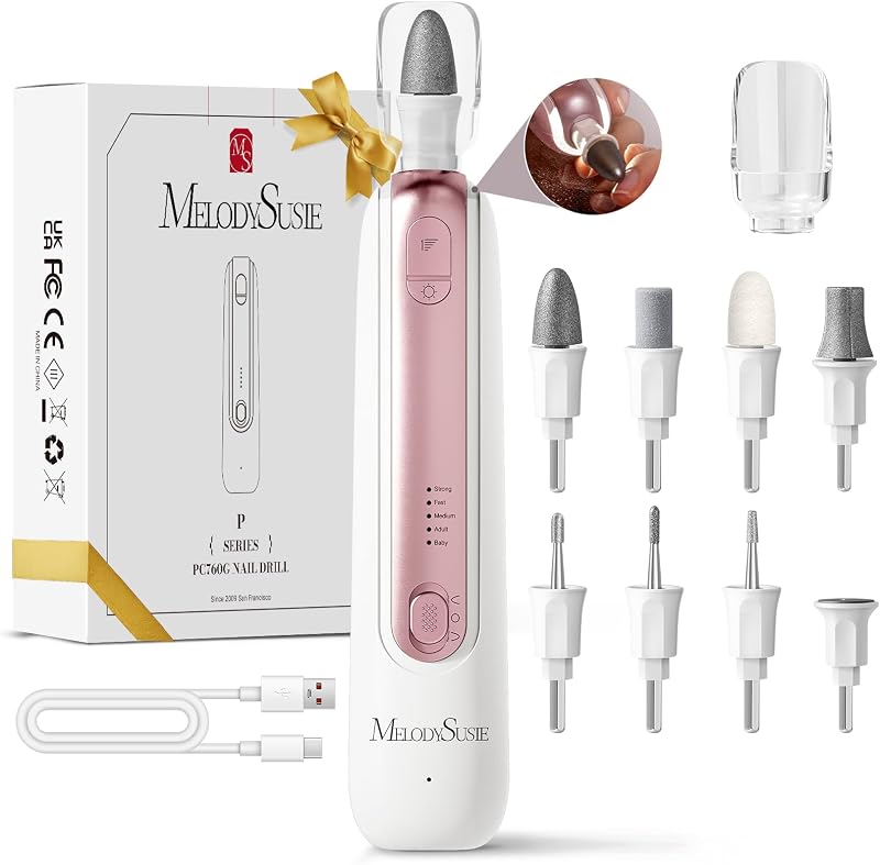 MelodySusie Taladro de uñas de pedicura antipolvo PC760G para limar uñas gruesas | 4600 RPM, batería de 2000 mAh, tiempo de ejecución de 6 h, 5 modos de archivo, 8 brocas, luz LED de 360°, cuidado de callos