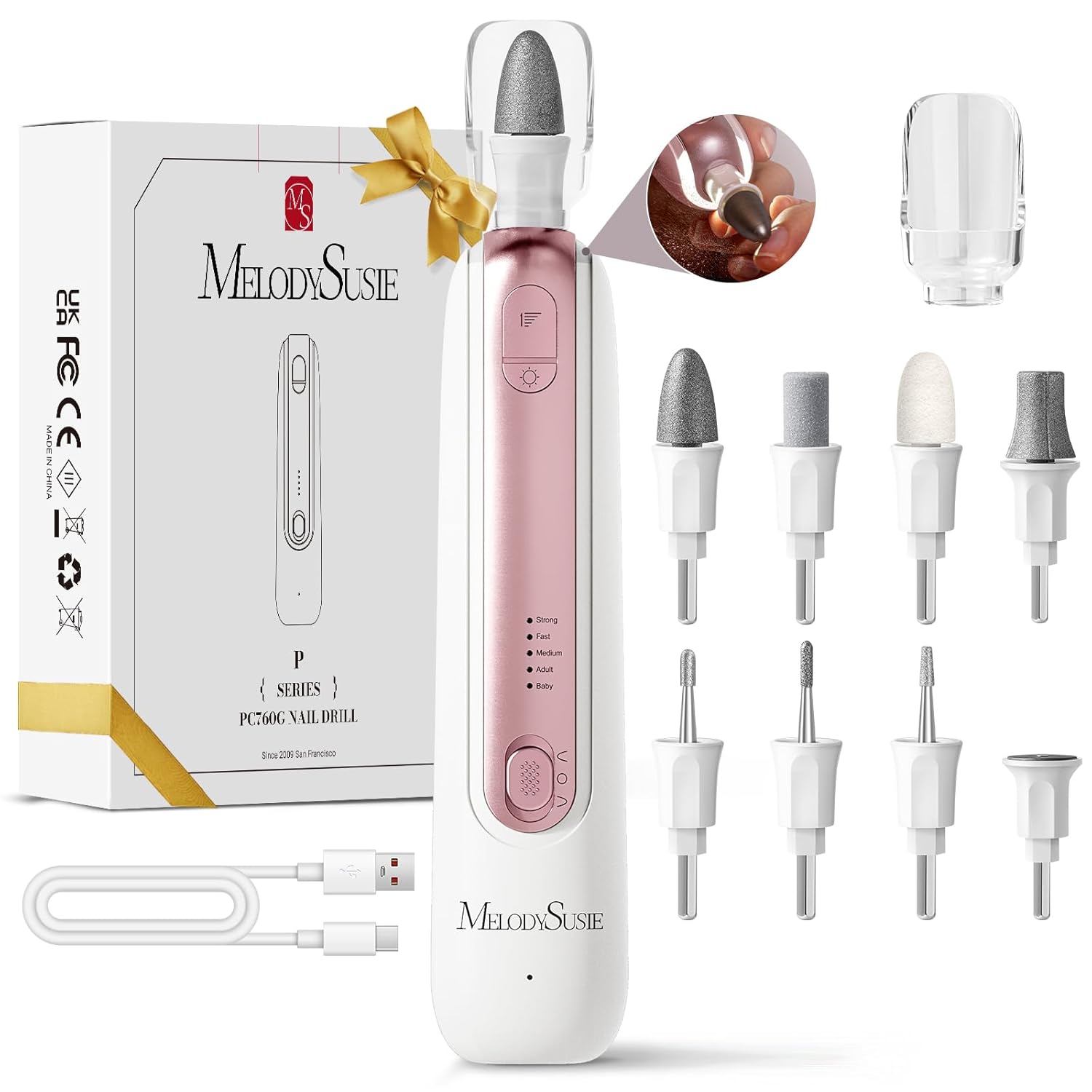 MelodySusie Professional Manicure Pedicure Kit,8-in-1 Electric Nail Drill Set with 5 Speeds,Rechargeable Cordless E-File with 360° LED Light,Perfect Hand Foot Care Trimmer Polish Tools – PC760G MelodySusie Professional Manicure Pedicure Kit,8-in-1 Electric Nail Drill Set with 5 Speeds,Rechargeable Cordless E-File with 360° LED Light,Perfect Hand Foot Care Trimmer Polish Tools – PC760G