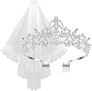Bridal Veil 1pc Wedding Veil White Short, Wedding Veil Comb Elegent Lace Appliques, with Crystal Princess Crowns, Wedding Bridal Woman Veils with Comb Costume Accessory