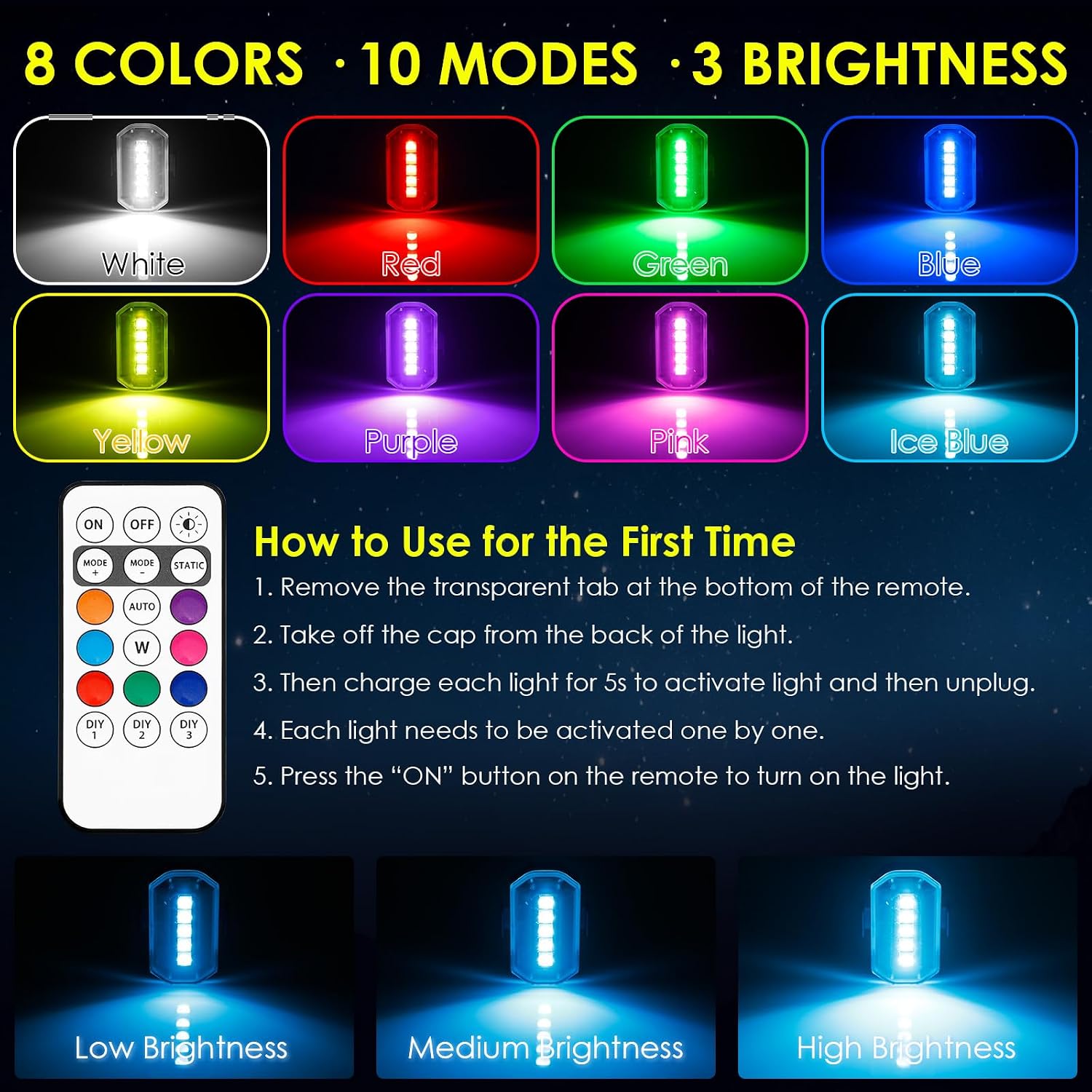 Upgraded 6PCS Wireless Strobe Lights for Car Motorcycle Bike Remote Bright 5 LEDs Anti Collision Lighting USB-C Rechargeable RGB Mini Exterior Warning Flashing Interior Ambient Light IP67 Waterproof