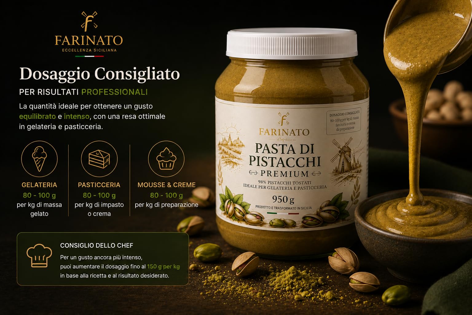 FARINATO Pasta di Pistacchio Premium 950g – 98% Pistacchi Tostati – Alta Percentuale – Semilavorato per Gelateria e Pasticceria – Prodotto e Trasformato in Sicilia