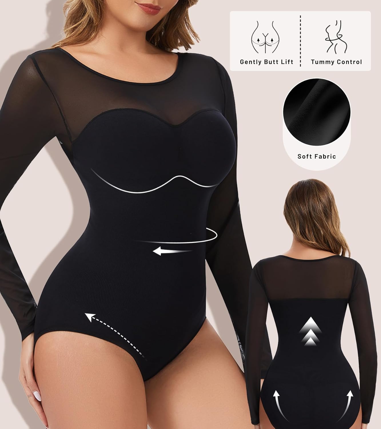 Women's Long Sleeve Shapewear Bodysuit for Tummy Control Body Suits Sheer Mesh Leotard Going Out Tops Fall Outfits - Image 2