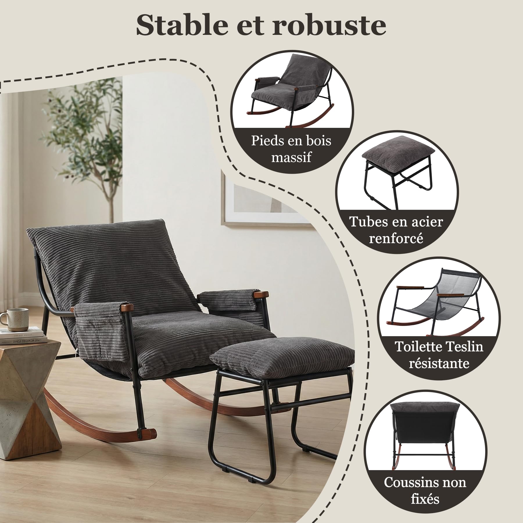 Fauteuil à Bascule Allaitement avec Repose Pieds, Poche latérale, Accoudoirs et Bases en Bois, Rocking Chair pour Salon, Chambre, Balcon, Chambre Bebe,Nursery, Tissu rayé, Marron