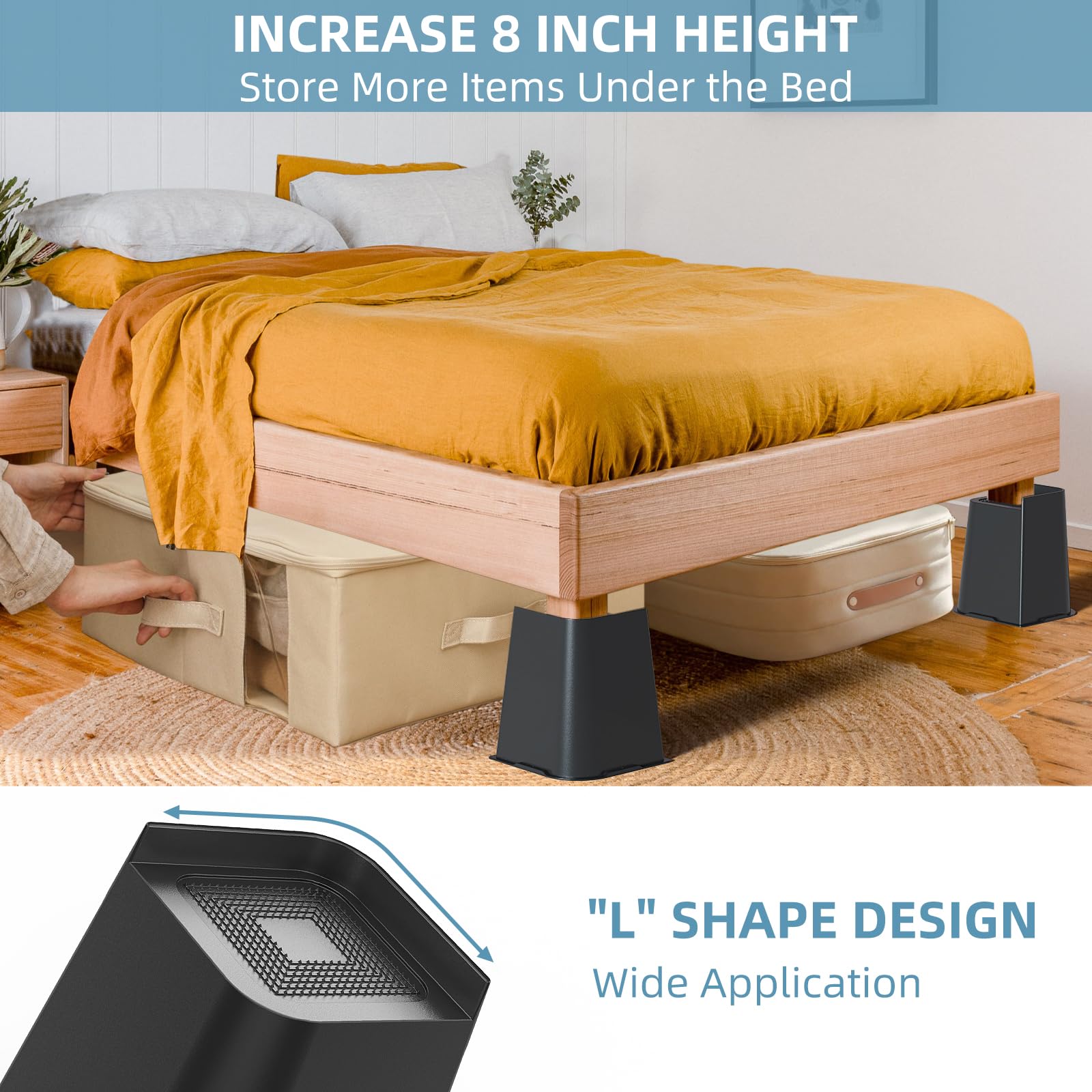 USION Rialzi per letto da 20 cm, resistenti, a forma di L, ampia apertura, extra large, alzate per mobili fino a 2,3 kg, per telaio del letto, tavoli, divani, confezione da 4, nero