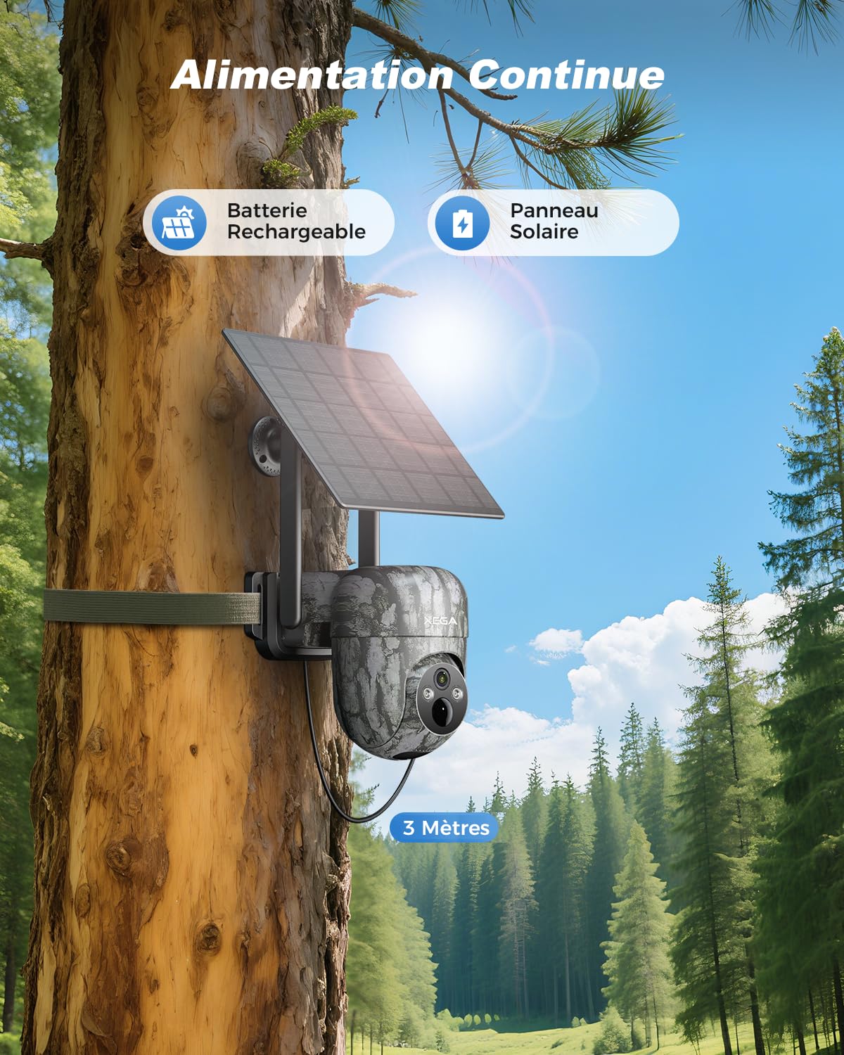 Xega Caméra de Chasse PTZ Solaire 4G Extérieure avec Carte SIM sans WiFi | 2K 3MP, Batterie Intégrée Autonome, Détection Personnalisée, Projecteur & Sirène, Alerte APP, Abonnement Requis