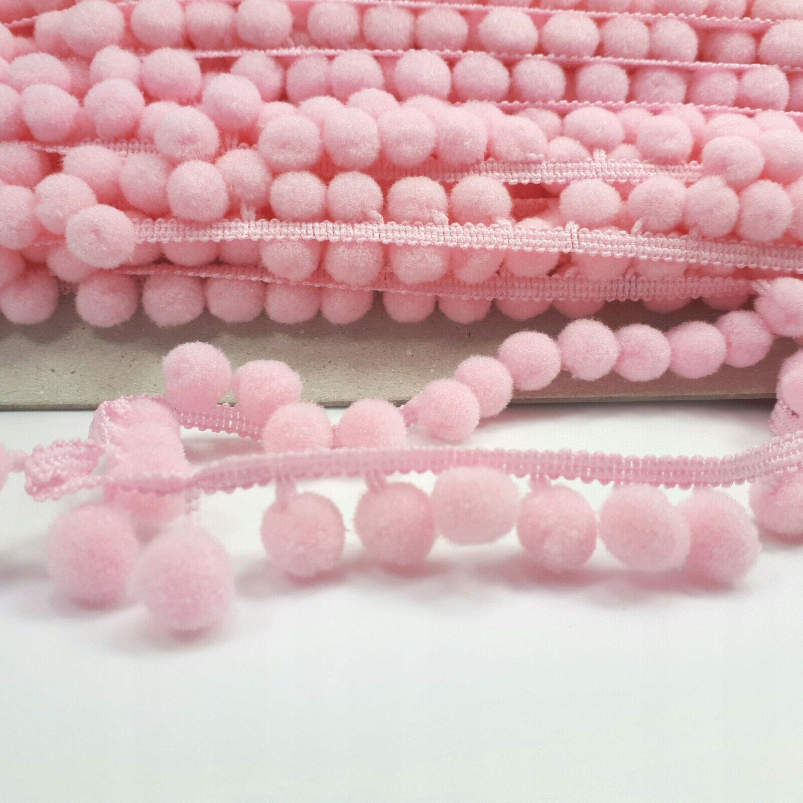 5 metres of POM POM Trim Quality Pompoms 10mm Bobbles 18mm Total Width Tape (Baby Pink)