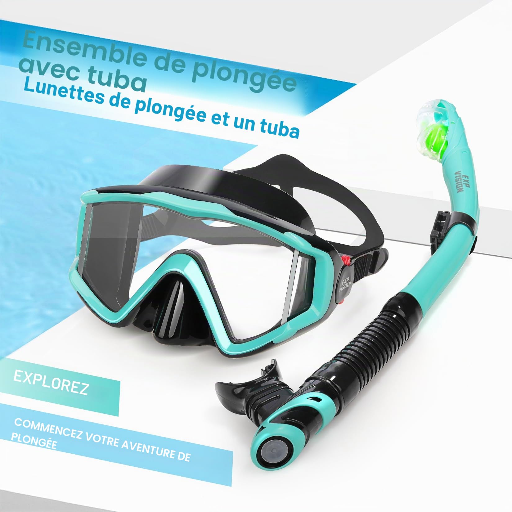 Masque de Plongée avec Tuba Sec, Pano à 3 Fenêtres, Antibuée pour Adultes