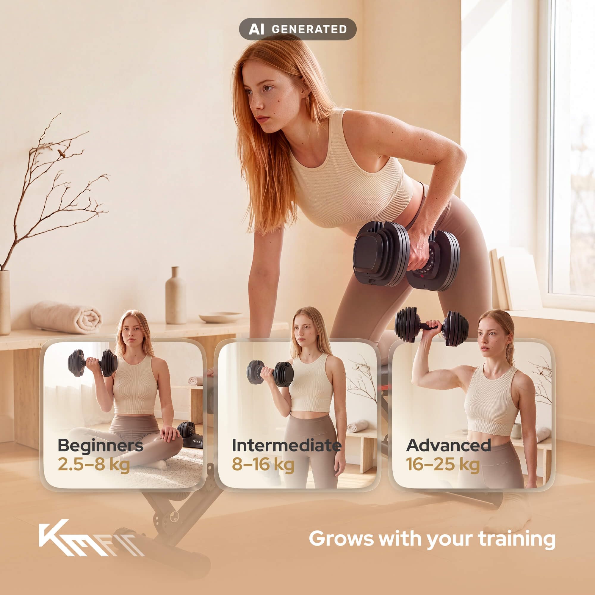 KM-Fit Regulowany hantel 25 kg pojedynczy, 18 poziomów, siłownia domowa | 2,5–25 kg z regulacją jedną ręką, systemem Stop-Lock, ciężarami z żeliwa i bazą