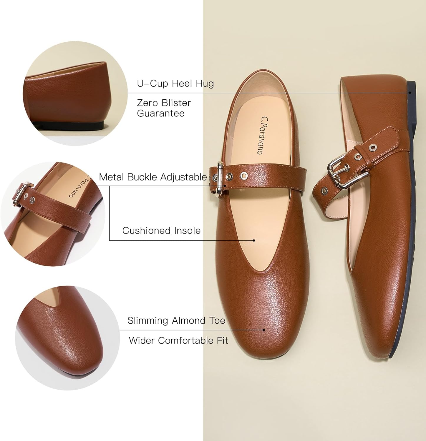 C.Paravano Women's Flats Shoes | Comfortable Slip on Shoes | Ballet Flats Dress Shoes | Round Toe Mary Jane Flats with Metal Buckle Strap - Image 4